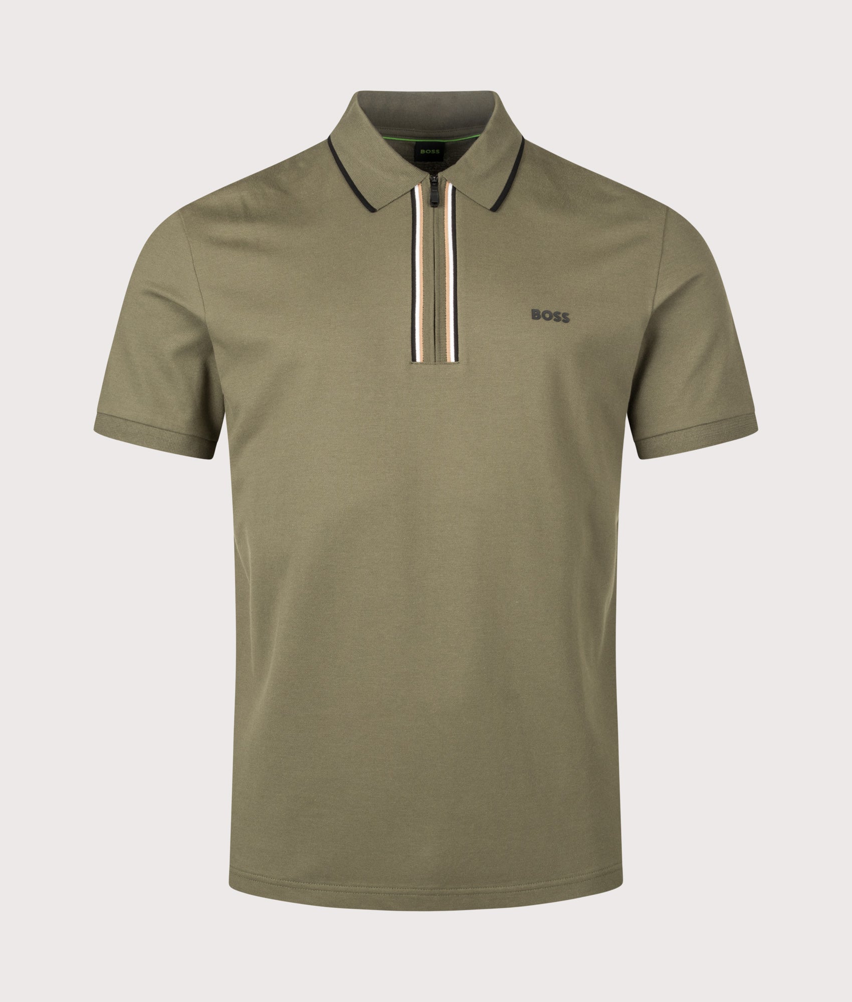 BOSS Slim Fit Philix Polo Shirt in Open Green at EQVVS Menswear. Front shot.