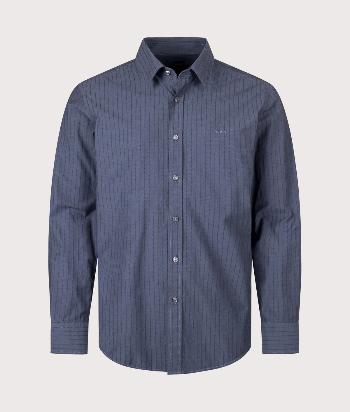 BOSS Regular Fit Relegant 6 M Shirt in Dark Blue at EQVVS Menswear. Front shot.