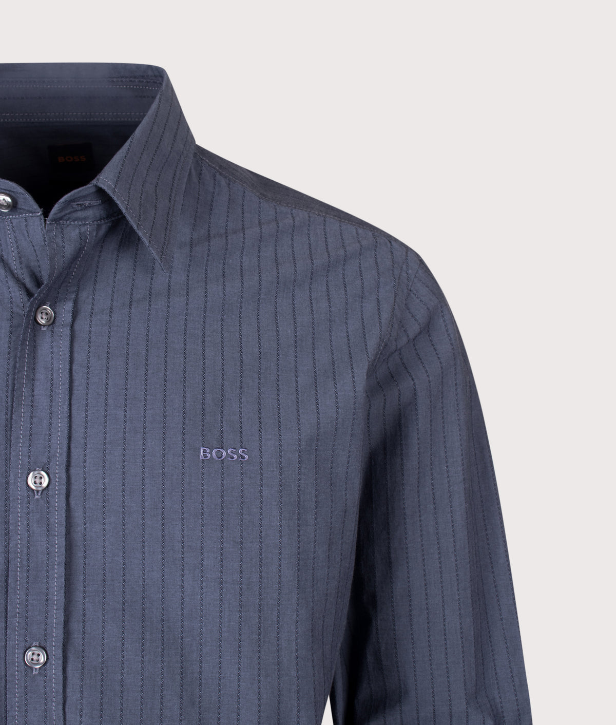 BOSS Regular Fit Relegant 6 M Shirt in Dark Blue at EQVVS Menswear. Detail shot.