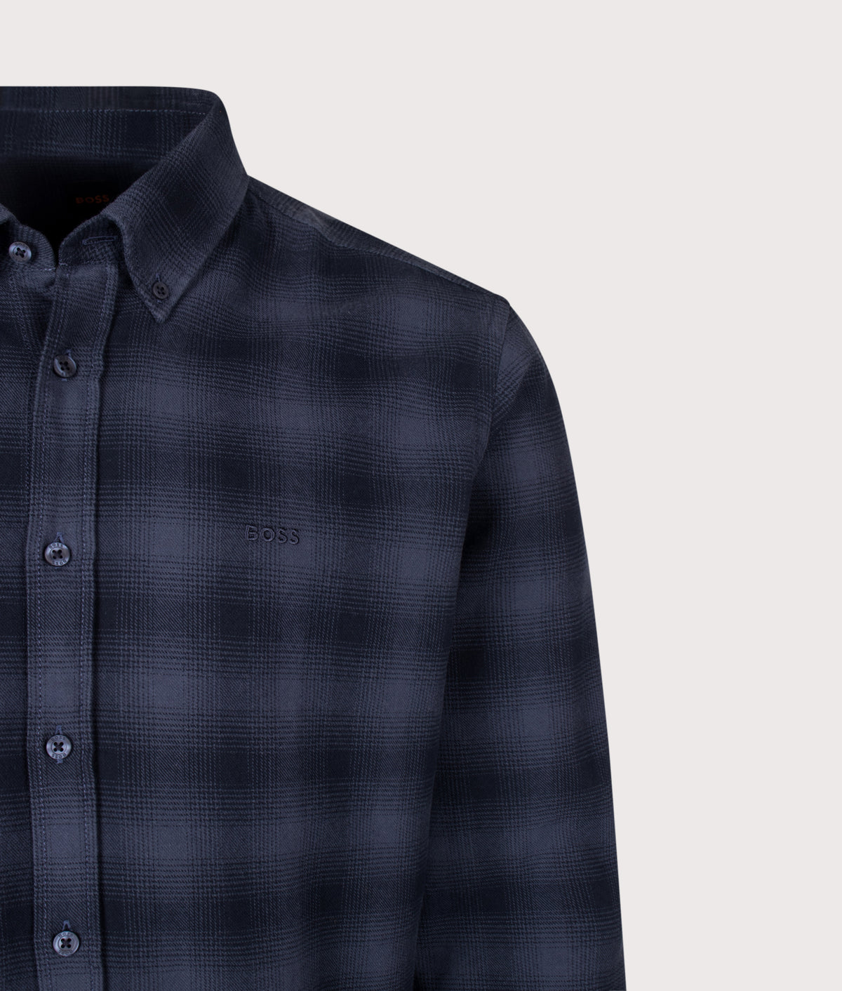 BOSS Regular Fit Rickert M Plaid Shirt in Dark Blue at EQVVS Menswear. Detail shot.