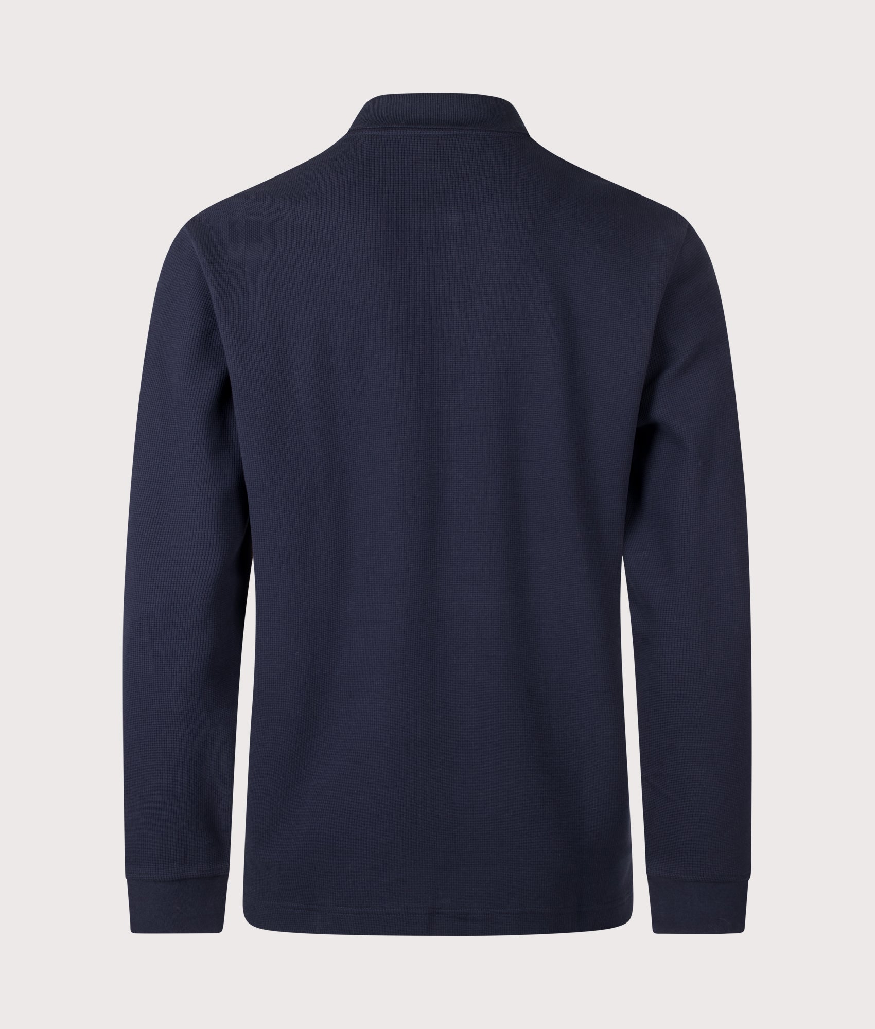 BOSS Regular Fit Petempestolong 1 Long Sleeve Polo Shirt in Dark Blue at EQVVS Menswear. Back shot.
