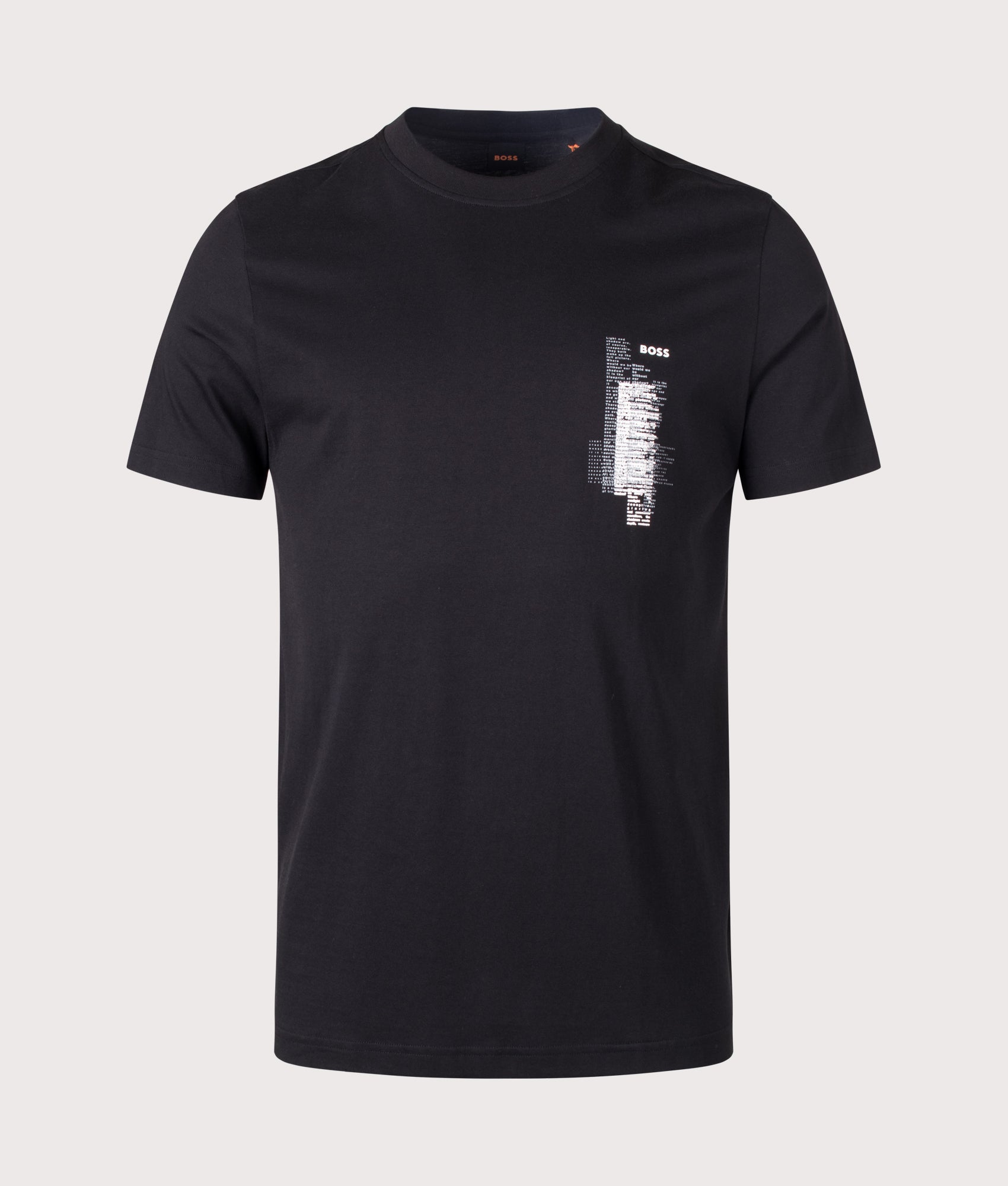 BOSS Regular Fit Te Footprint T-Shirt in Black at EQVVS Menswear. Front shot.