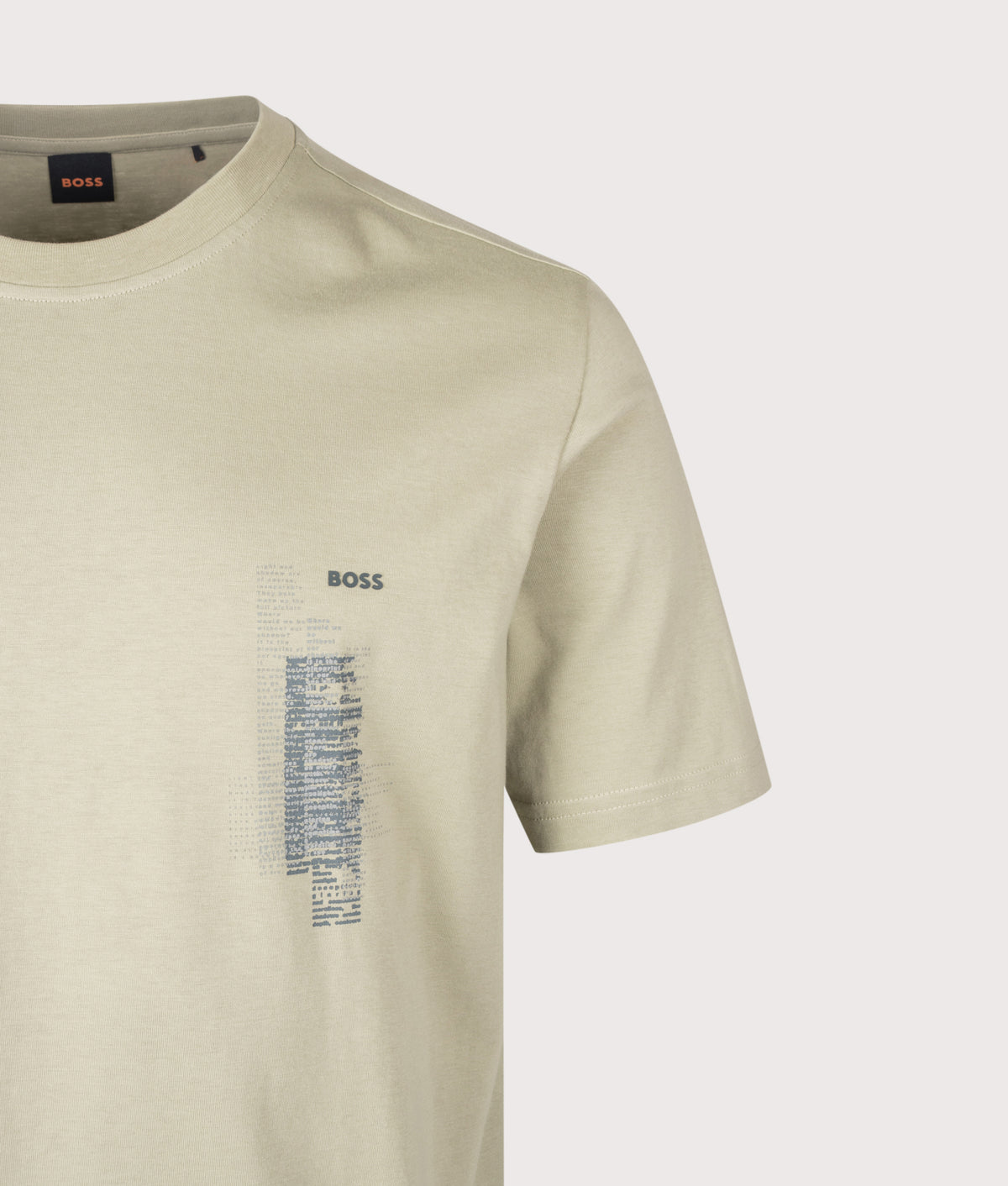 BOSS Regular Fit Te Footprint T-Shirt in Open Green at EQVVS Menswear. Detail shot.