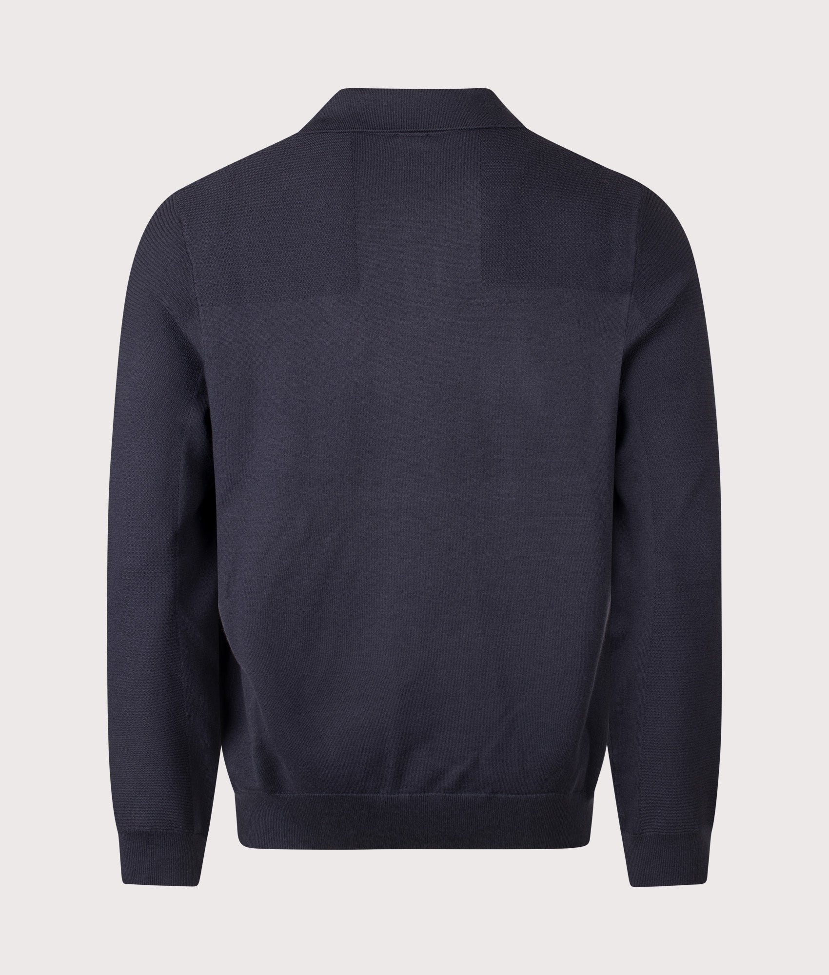 BOSS Regular Fit Long Sleeve Momentum X Knitted Polo Shirt in Dark Blue at EQVVS Menswear. Back shot.