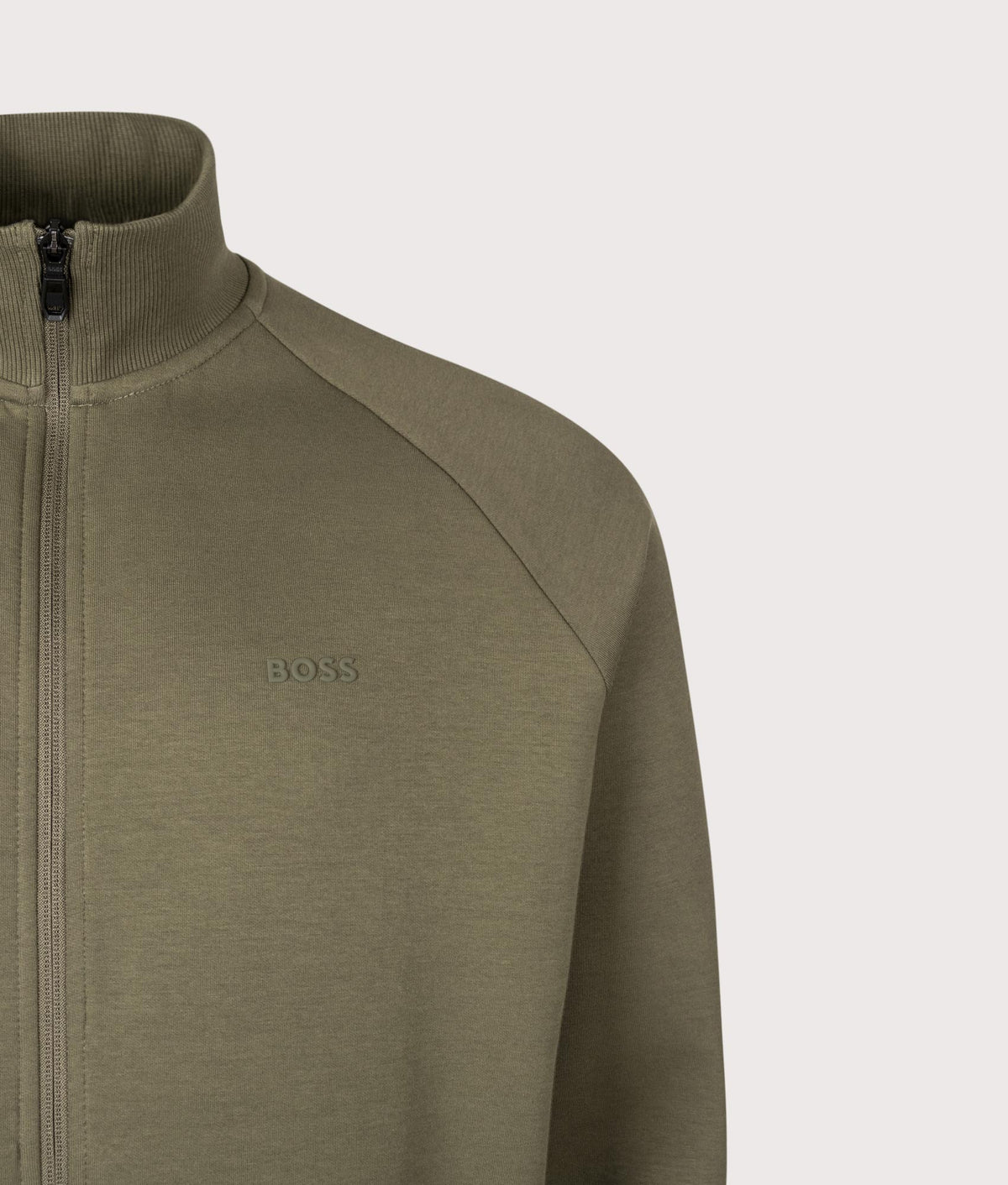 BOSS Regular Fit Skaz Track Top in Open Green at EQVVS Menswear. Detail shot.