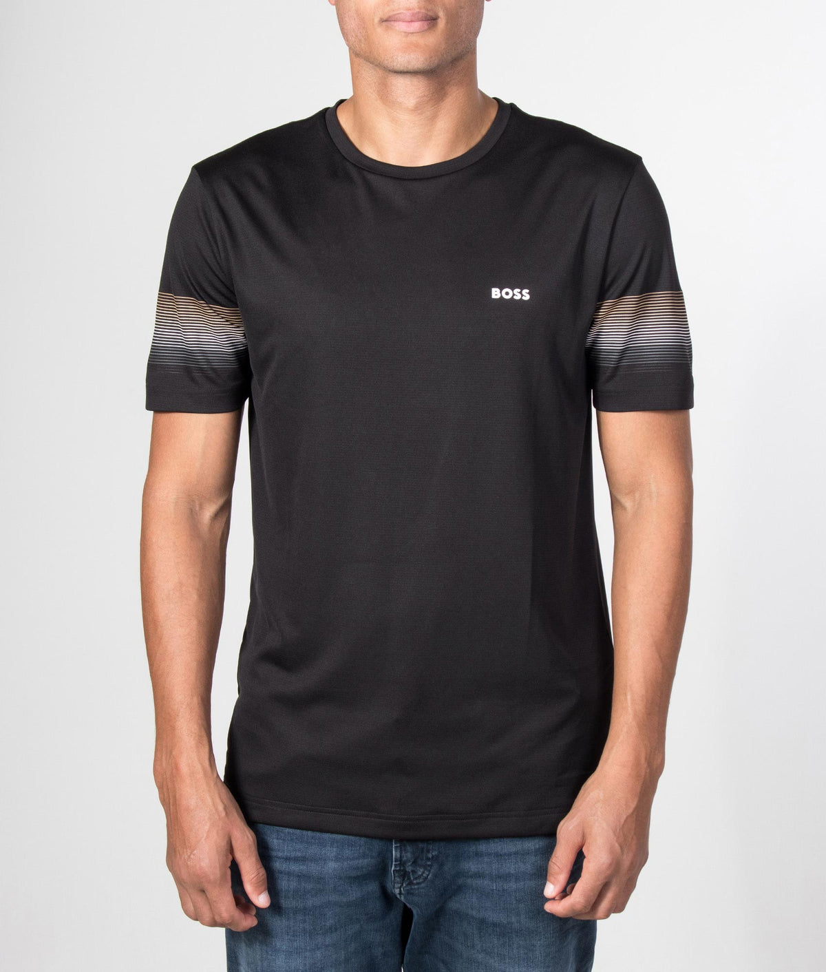 BOSS Slim Fit TOC Court 2 T-shirt in Black at EQVVS Menswear. Model front shot.