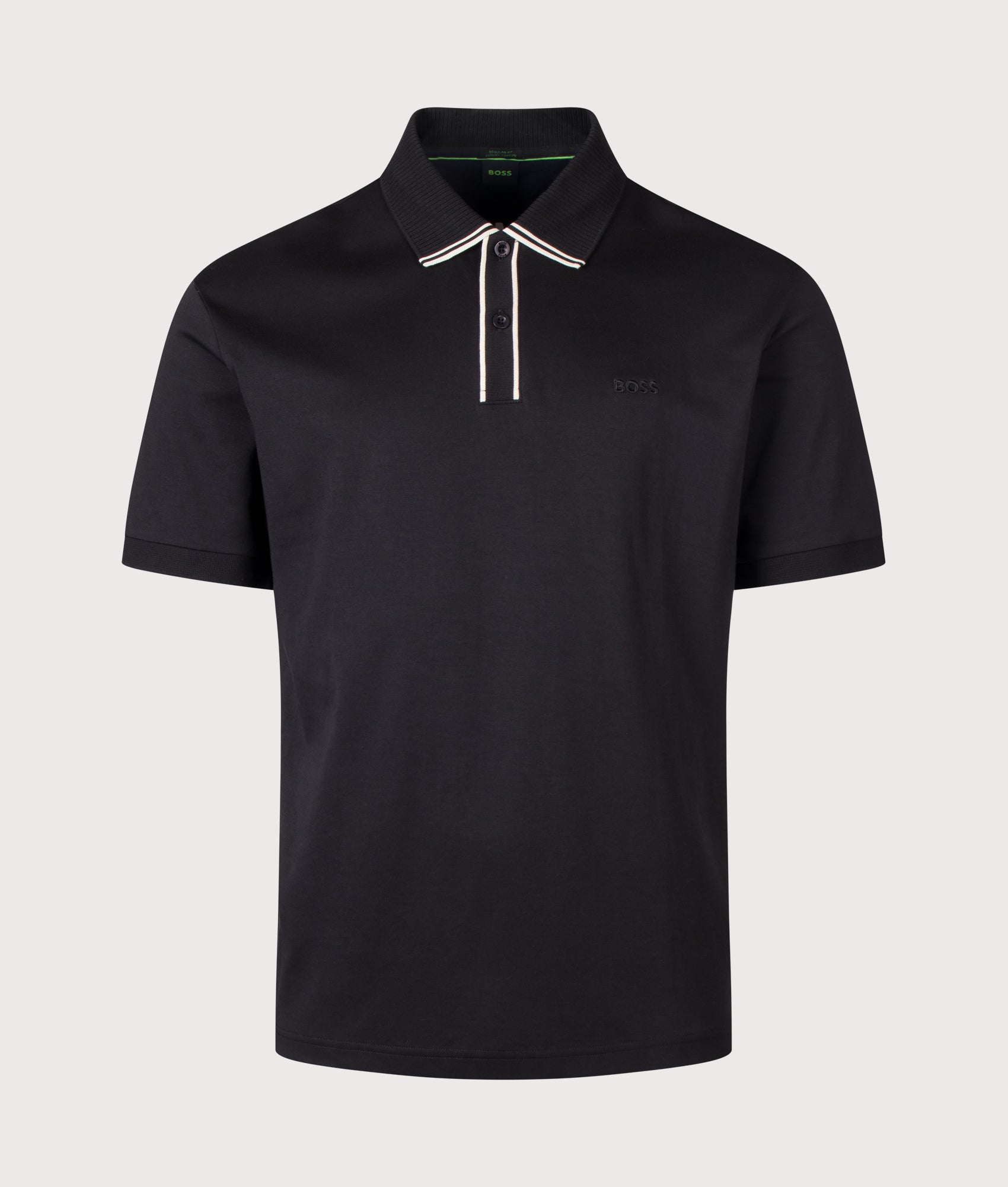 BOSS Regular Fit PL Cord Paddy Polo Shirt in Black at EQVVS Menswear. Front shot.