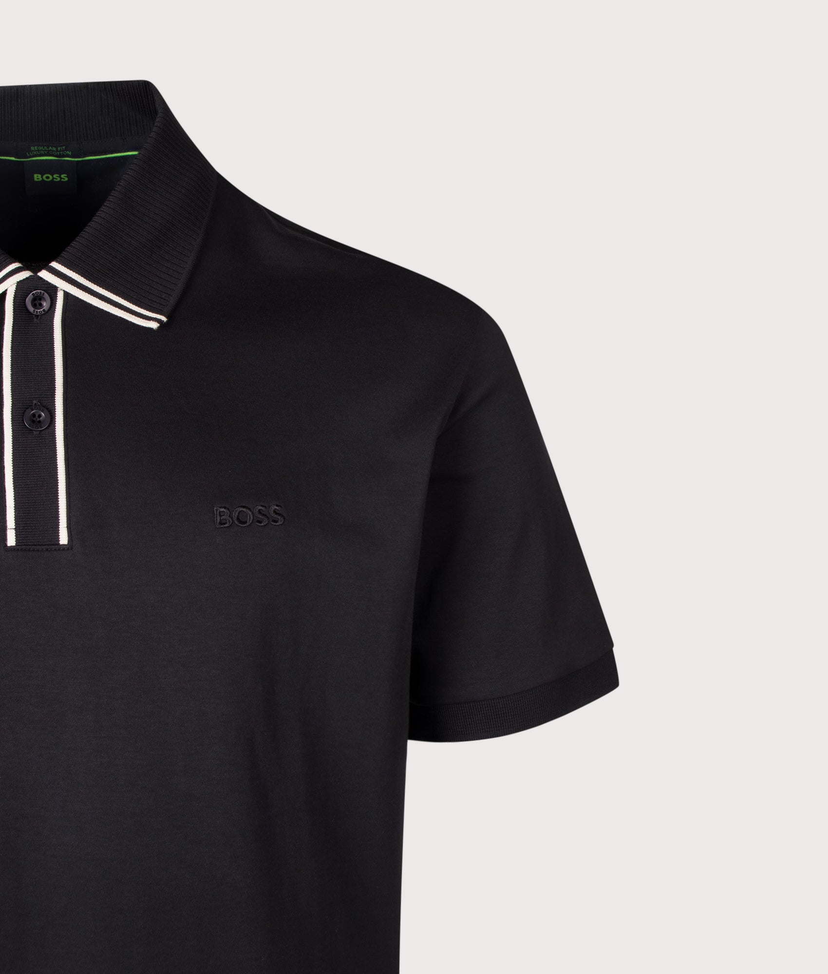 BOSS Regular Fit PL Cord Paddy Polo Shirt in Black at EQVVS Menswear. Detail shot.