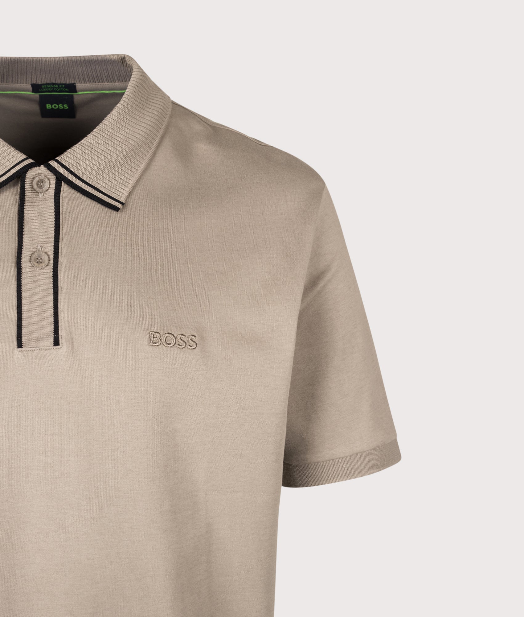 BOSS Regular Fit PL Cord Paddy Polo Shirt in Light/Pastel Green at EQVVS Menswear. Detail shot.