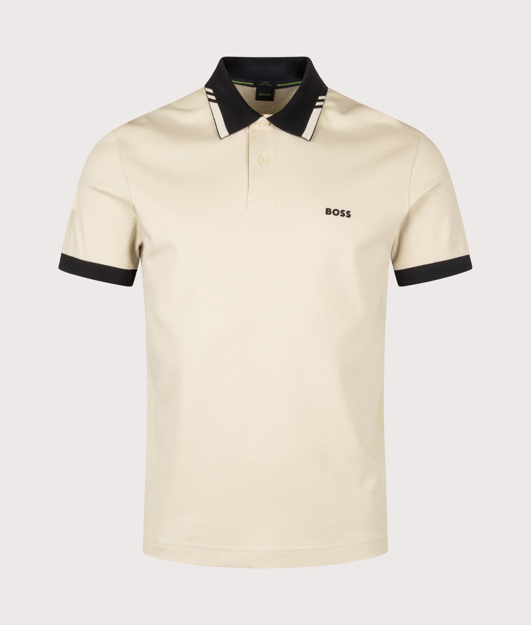 BOSS Slim Fit PL Network Paule Polo Shirt in Light Beige at EQVVS Menswear. Front shot.