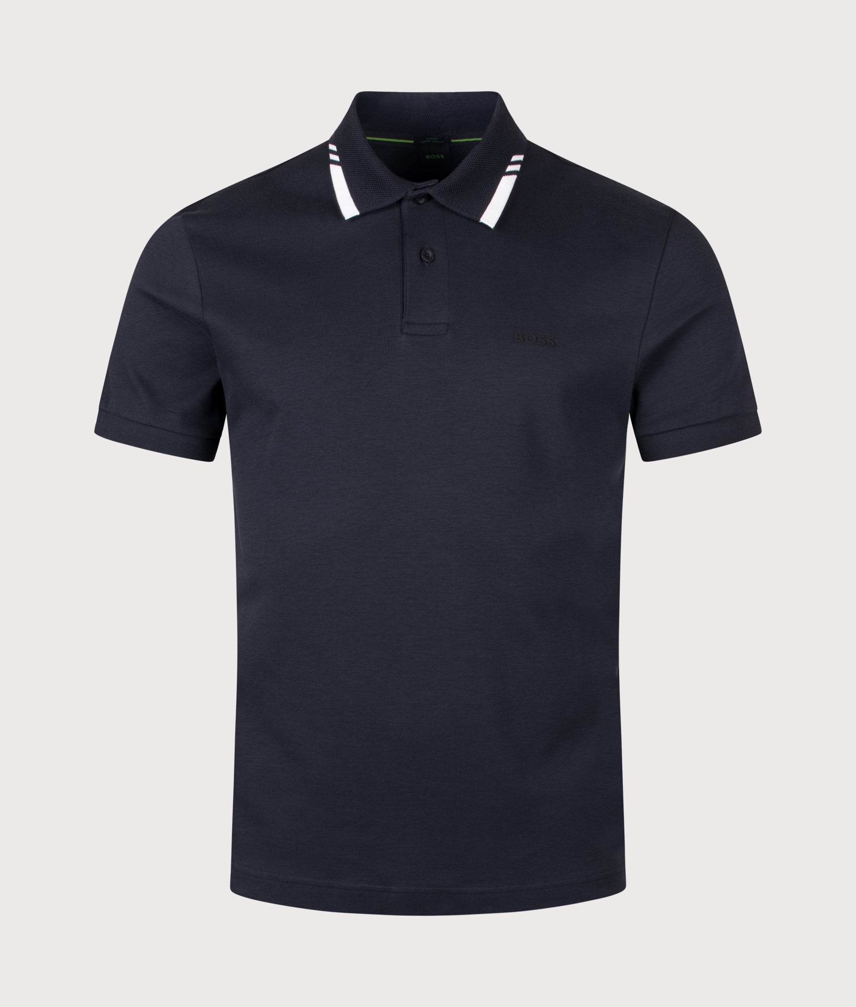 BOSS Slim Fit PL Network Paule Polo Shirt in Dark Blue at EQVVS Menswear. Front shot.