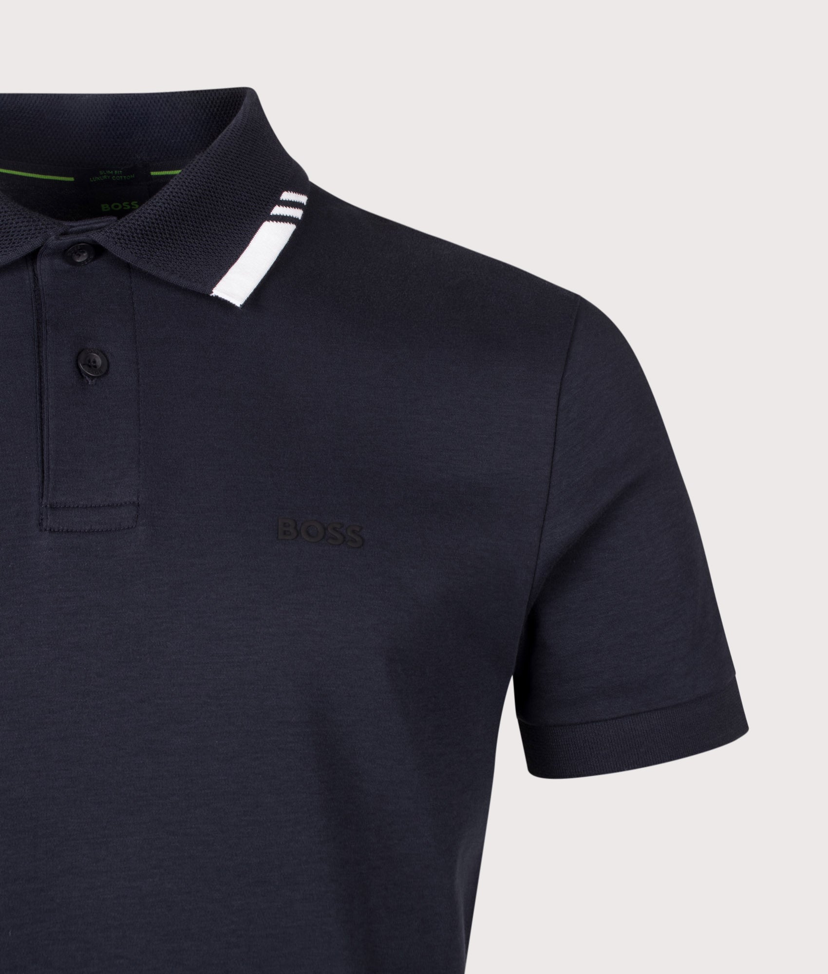 BOSS Slim Fit PL Network Paule Polo Shirt in Dark Blue at EQVVS Menswear. Detail shot.