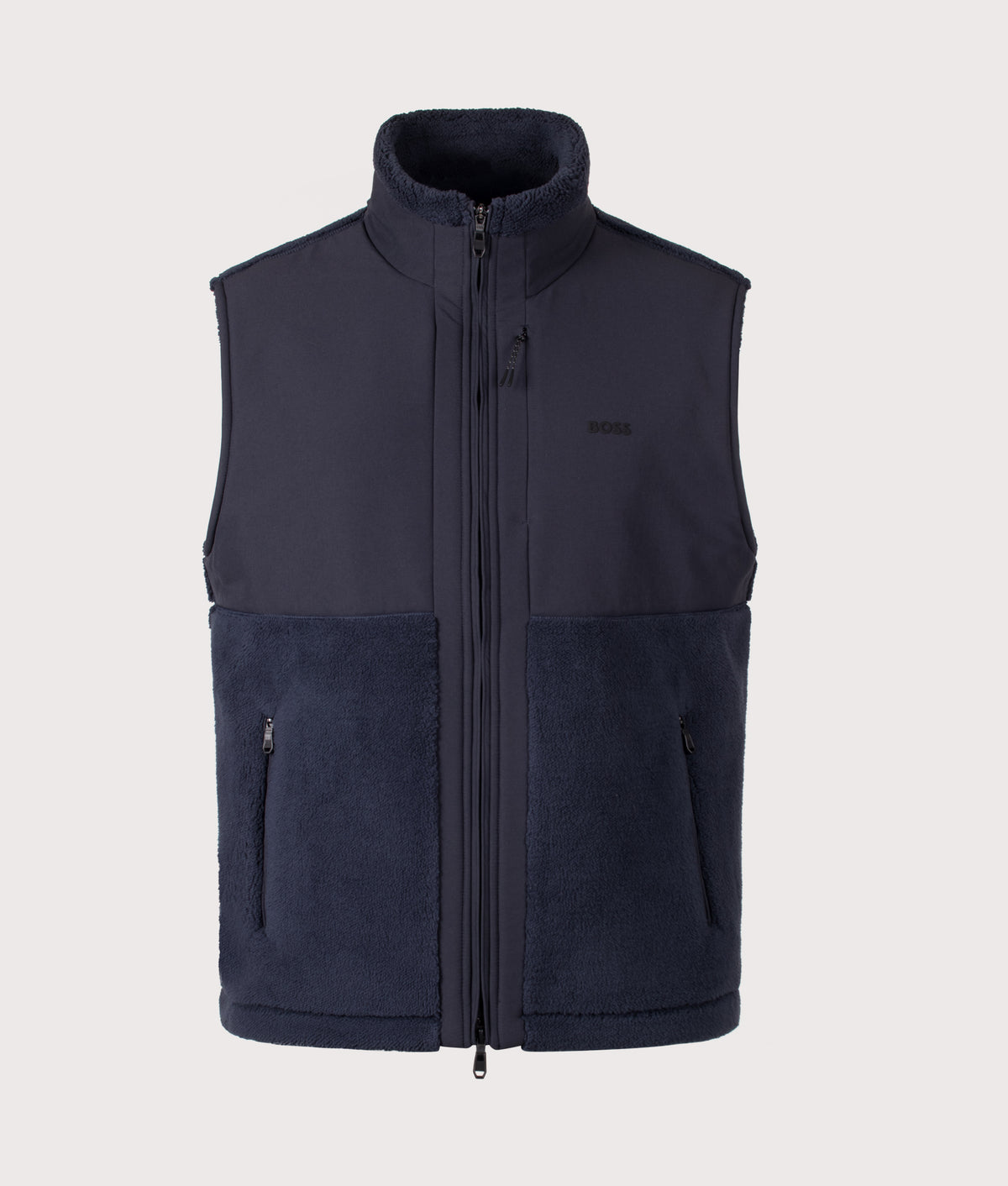 BOSS Relaxed Fit SW Sveedy Vest in Dark Blue at EQVVS Menswear. Front shot.