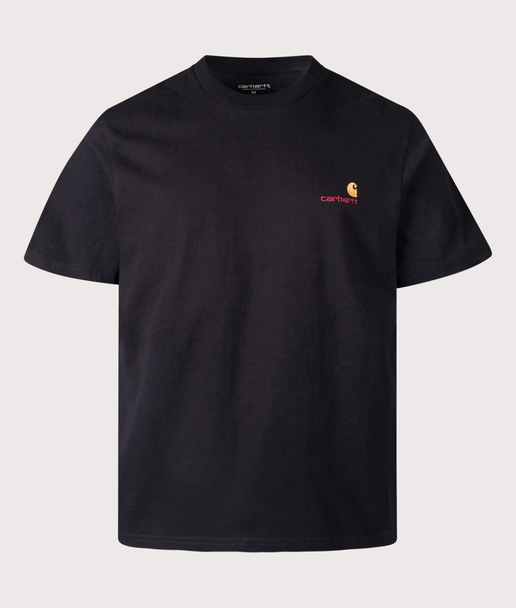 Carhartt WIP Loose Fit American Script T-Shirt in Black at EQVVS Menswear. Front shot.