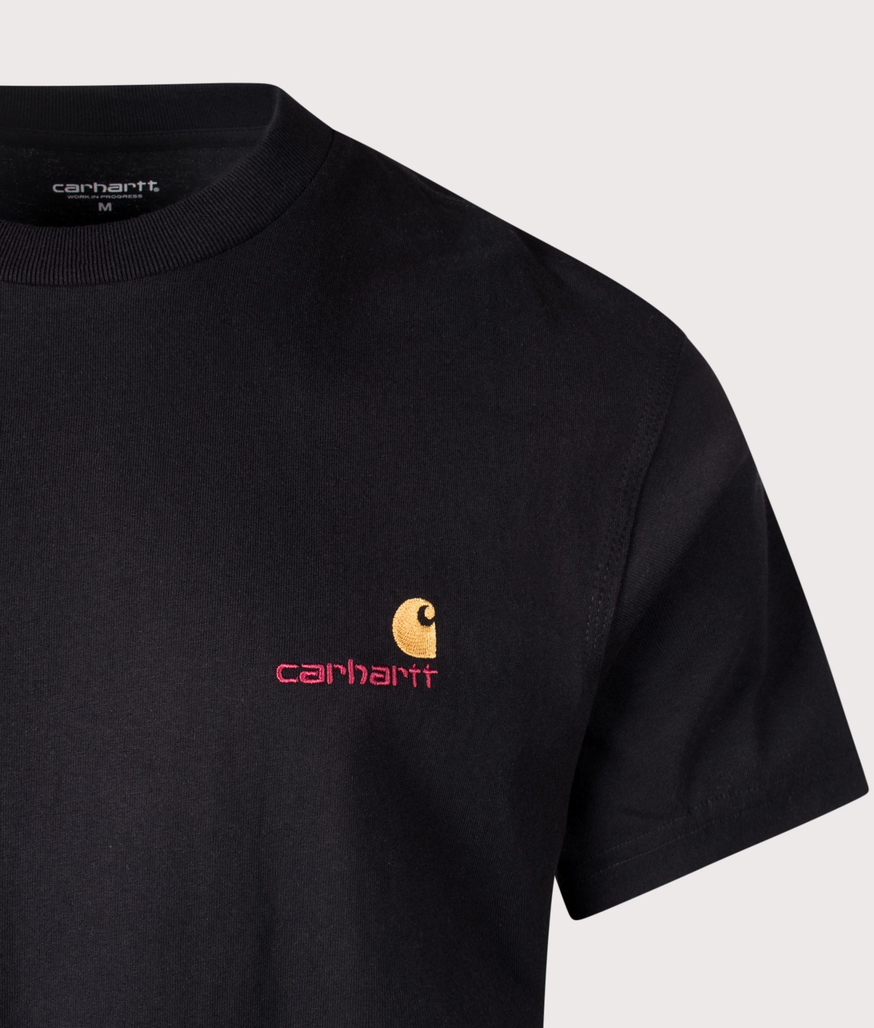 Carhartt WIP Loose Fit American Script T-Shirt in Black at EQVVS Menswear.  Detail Shot.