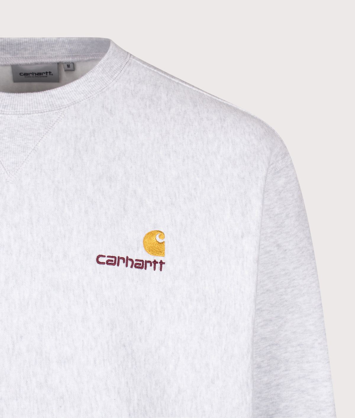 Carhartt WIP Loose Fit American Script Sweatshirt in Ash Heather at EQVVS Menswear. Detail shot.