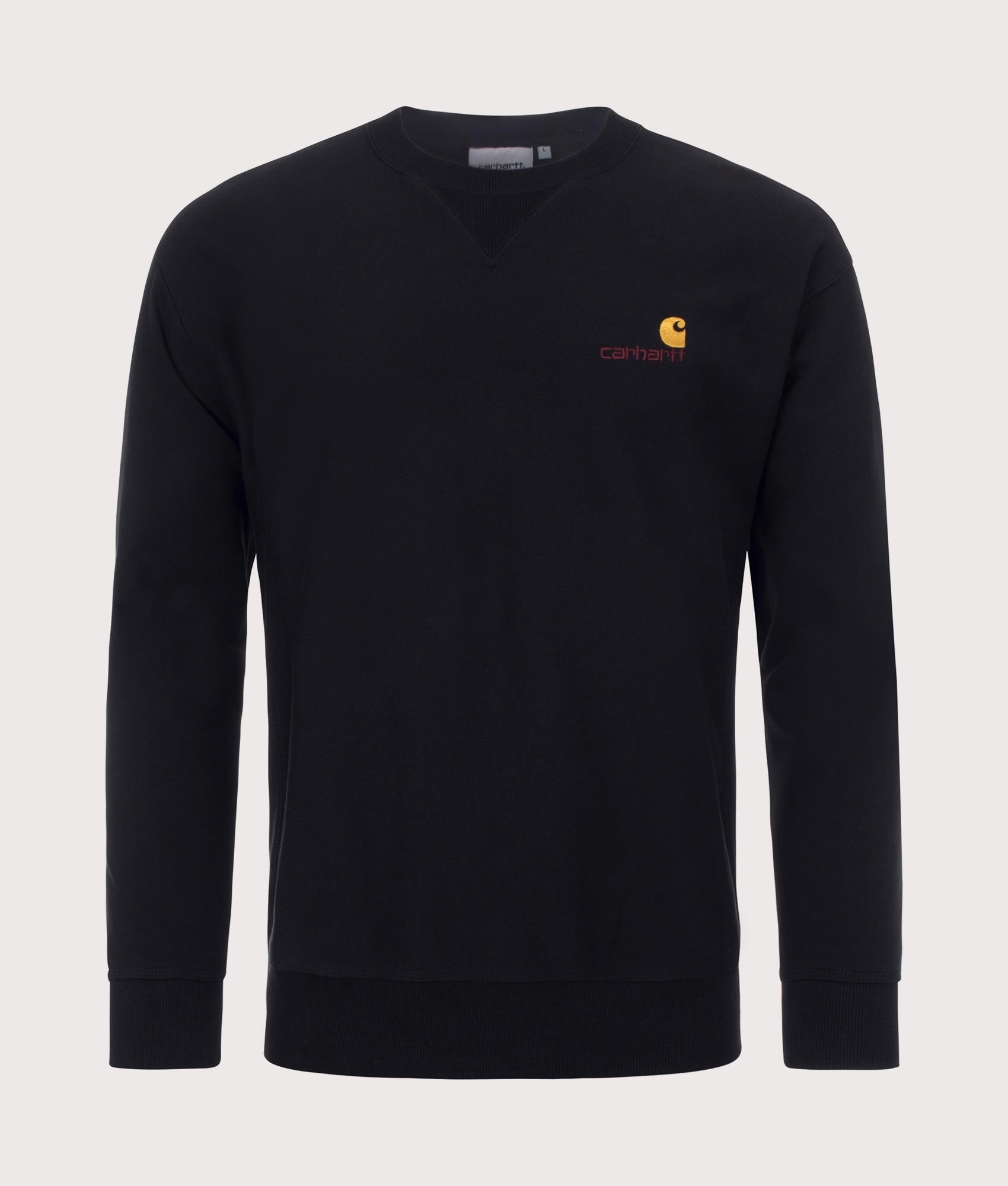 Carhartt WIP Relaxed Fit-American Script Sweatshirt in Black at EQVVS Menswear. Front shot.