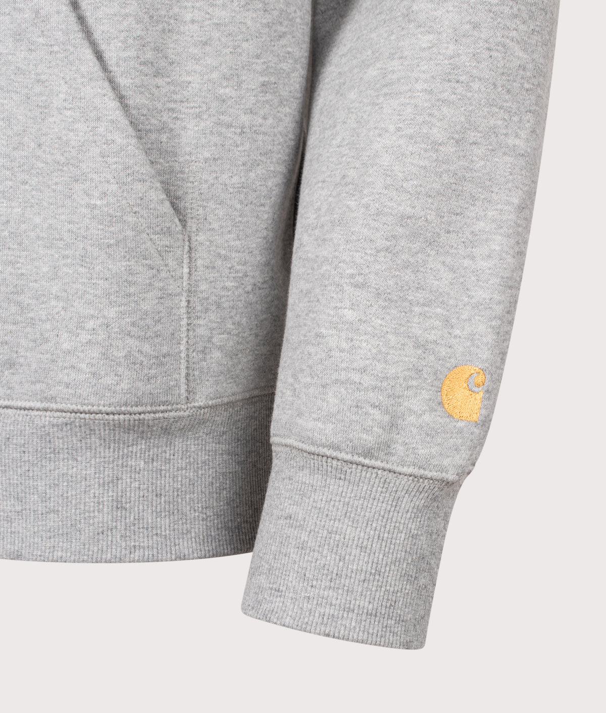 Carhartt WIP Regular Fit Chase Hoodie in Grey Heather and Gold at EQVVS Menswear. Detail shot.