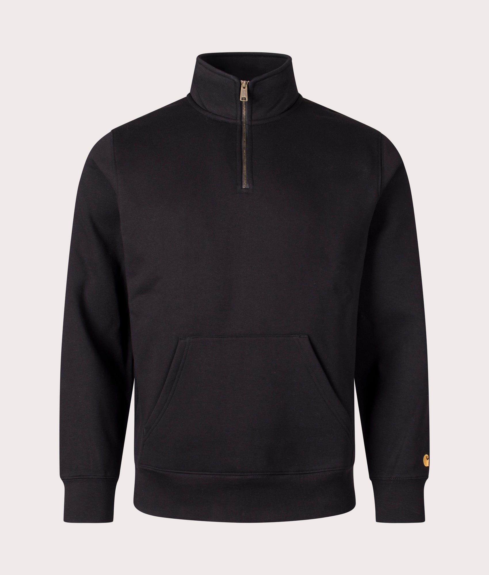 Carhartt WIP Quarter Zip Chase Sweatshirt in Black and Gold at EQVVS Menswear. Front shot.