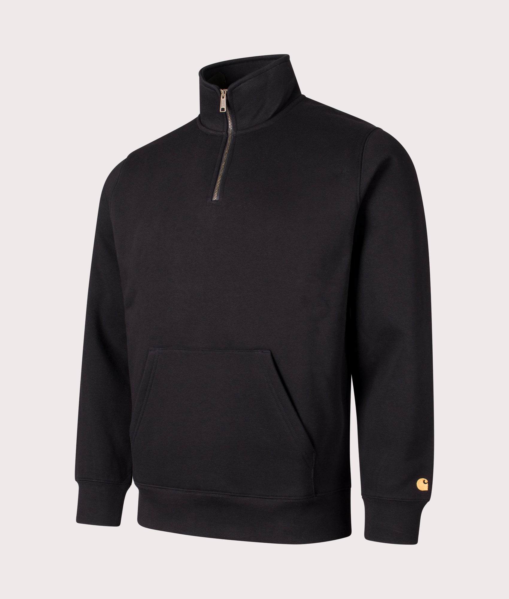 Carhartt WIP Quarter Zip Chase Sweatshirt in Black and Gold at EQVVS Menswear. Angled front shot.