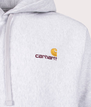 Carhartt WIP Relaxed Fit American Script Hoodie in Ash Heather, 100% Cotton Chest Shot at EQVVS