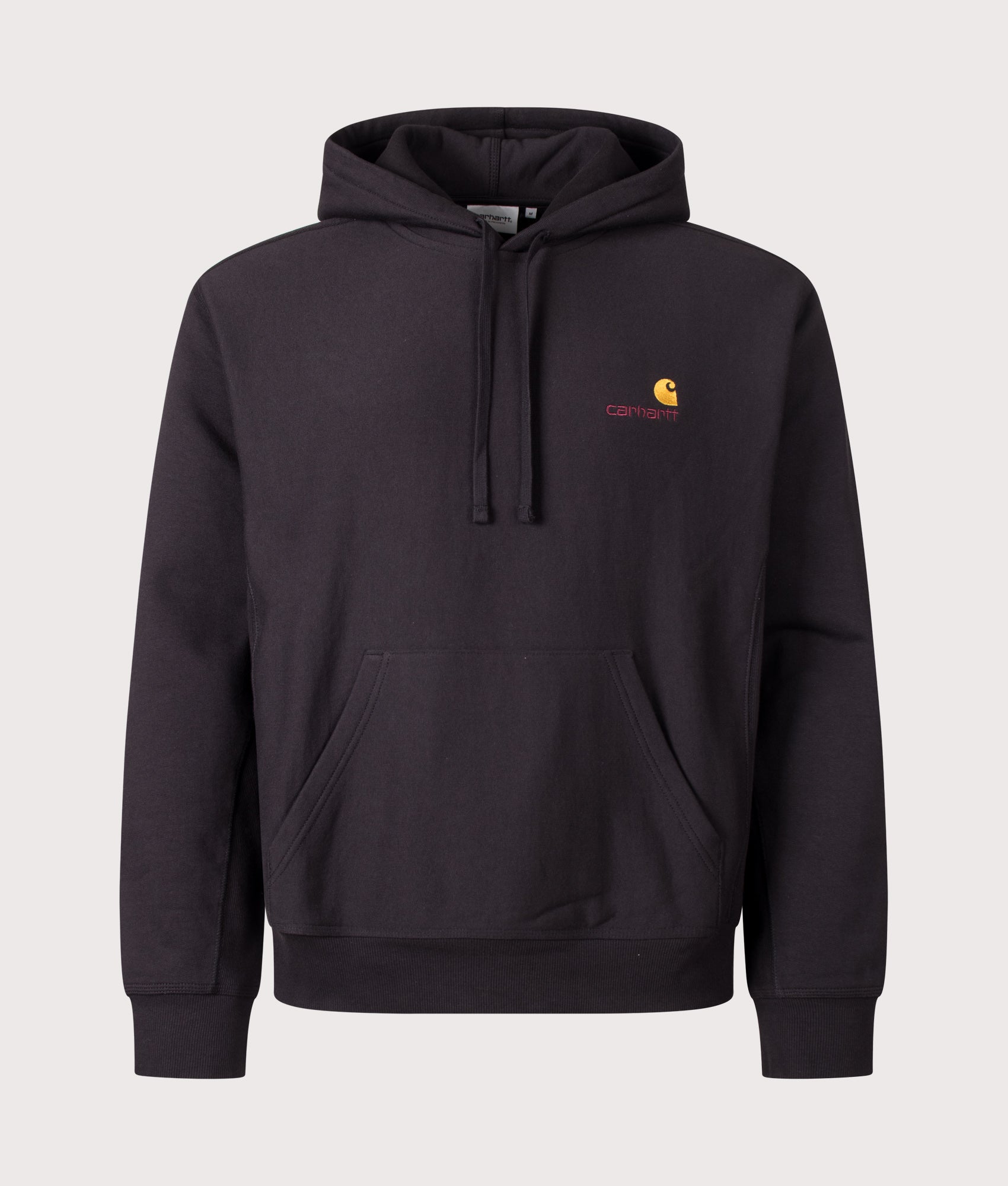 Carhartt WIP Loose Fit American Script Hoodie in Black at EQVVS Menswear. Front shot.