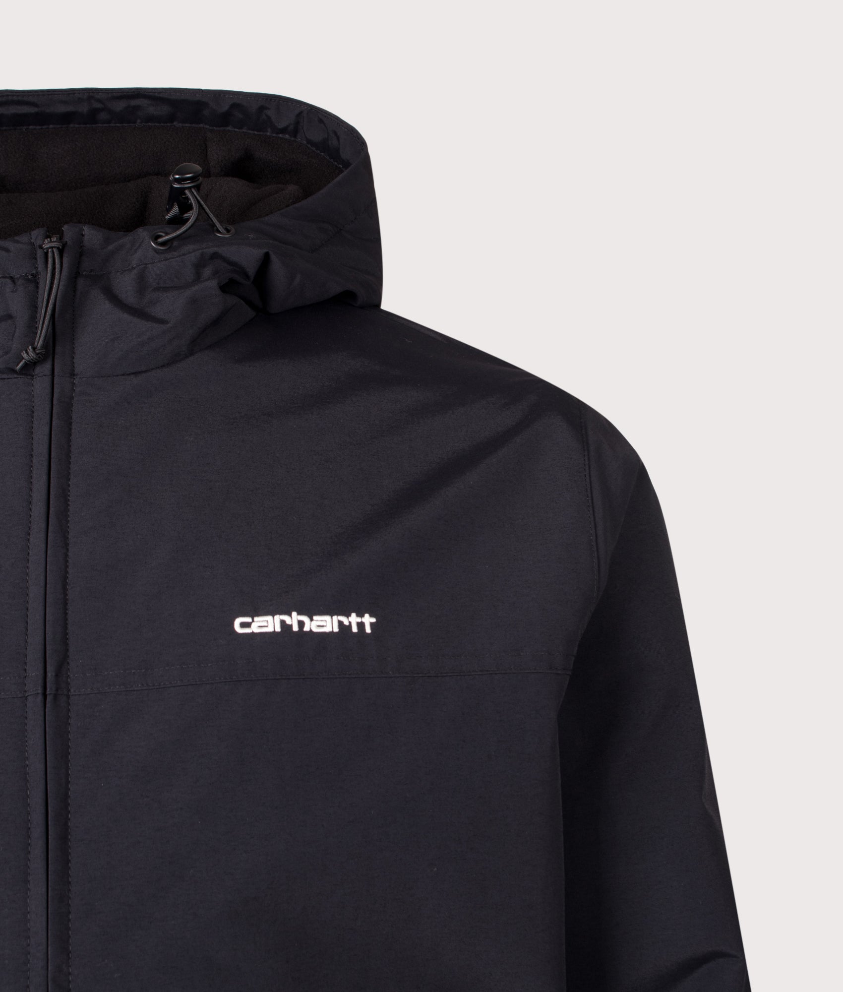 Carhartt WIP Regular Fit Hooded Sail Jacket in Black and White at EQVVS Menswear. Detail shot.