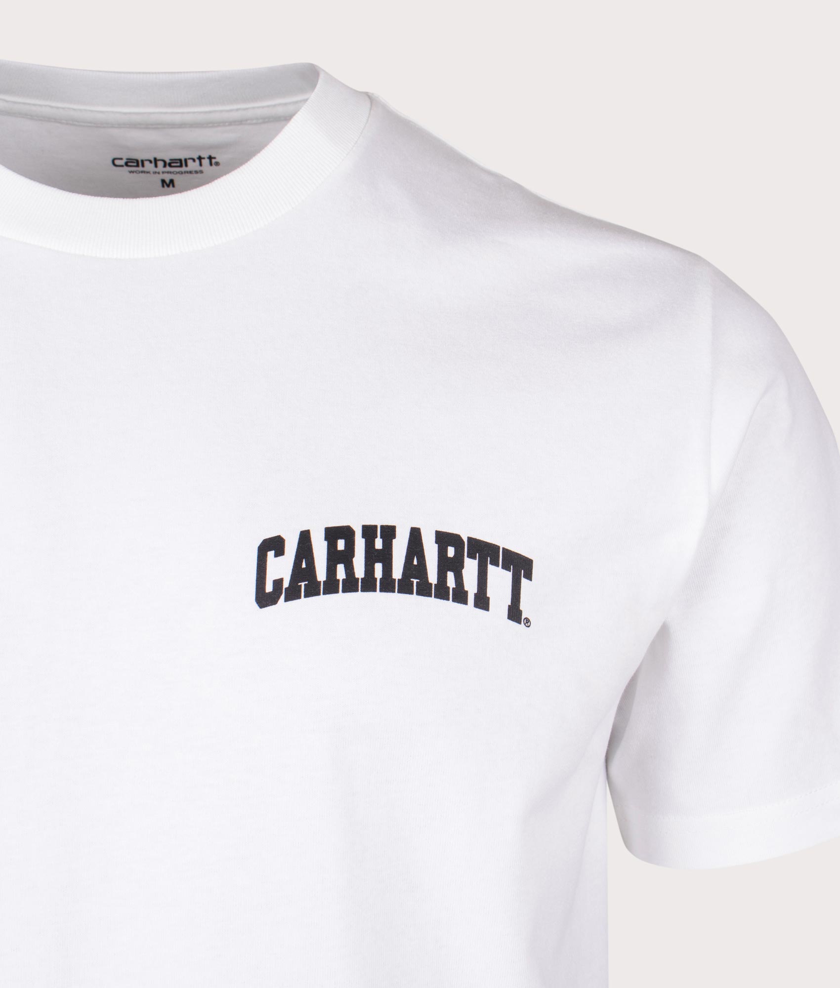 Carhartt WIP University Script T-Shirt in White at EQVVS Menswear. Detail shot.
