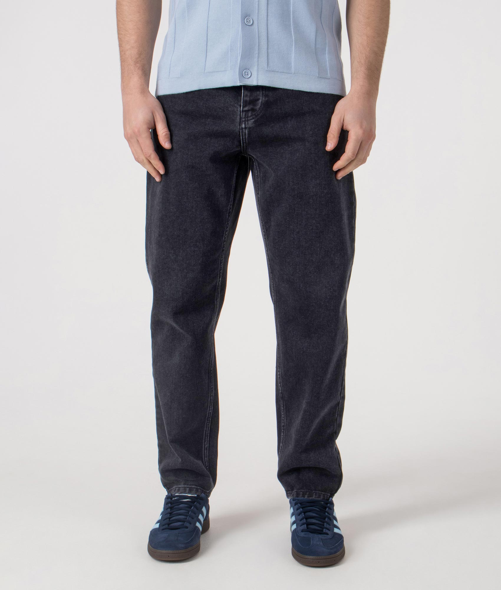 Carhartt WIP Relaxed Fit Newel Jeans in  washed Black at EQVVS Menswear.  Front shot.