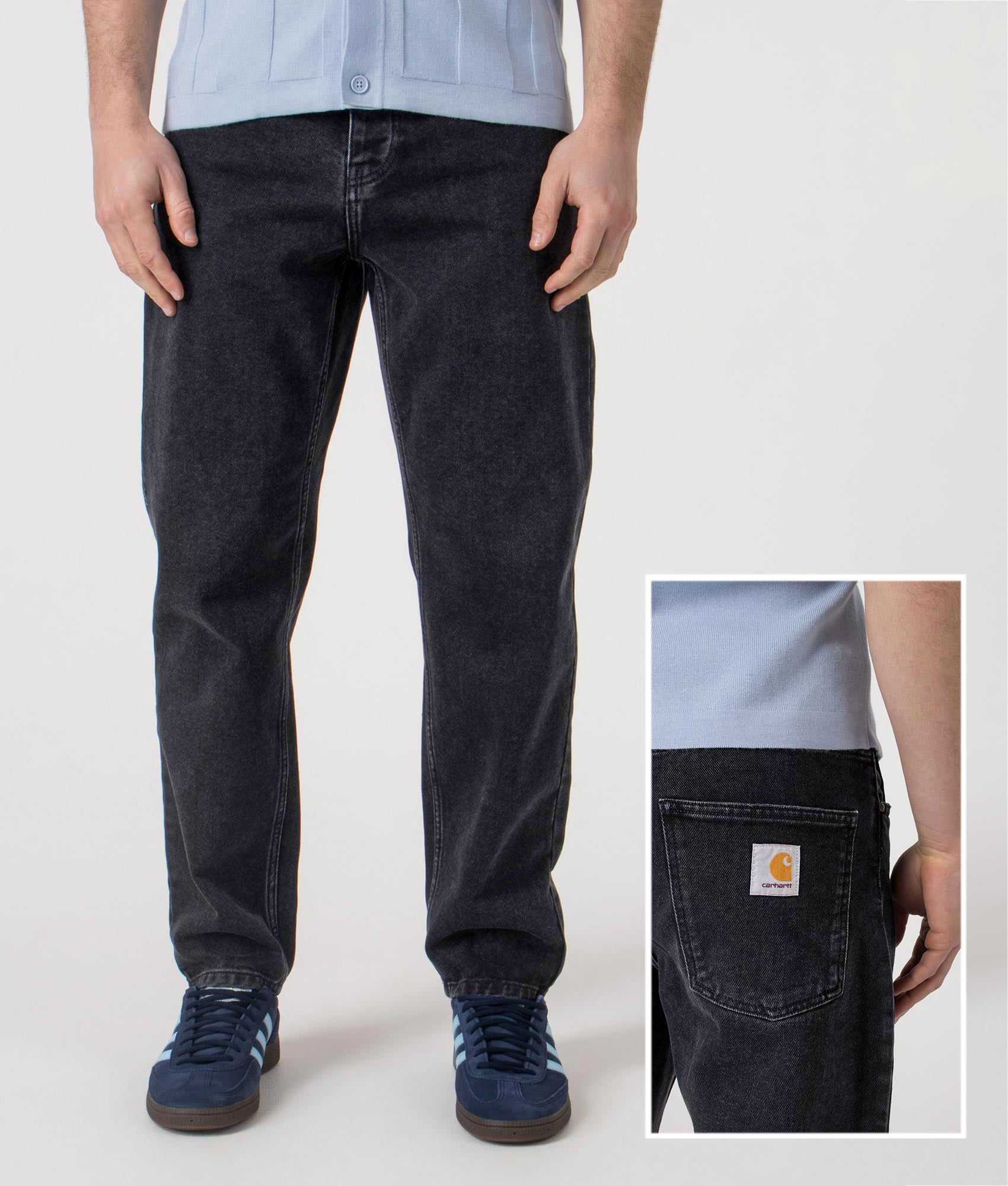 Carhartt WIP Relaxed Fit Newel Jeans in  washed Black at EQVVS Menswear. Front and back detail shot.