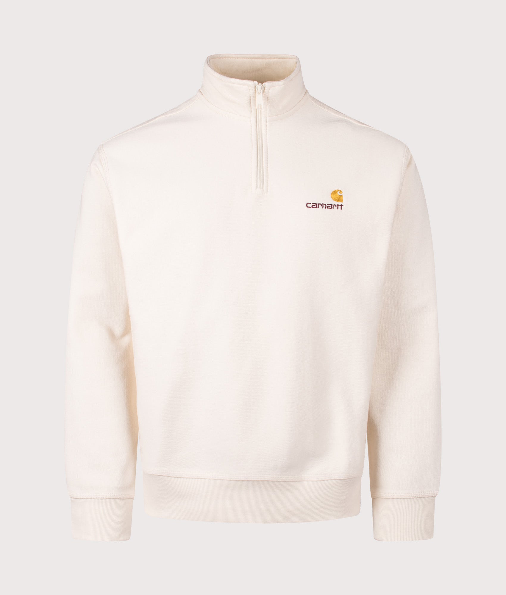 Carhartt WIP Relaxed Fit Quarter Zip American Script Sweatshirt in Natural Beige. EQVVS front shot.