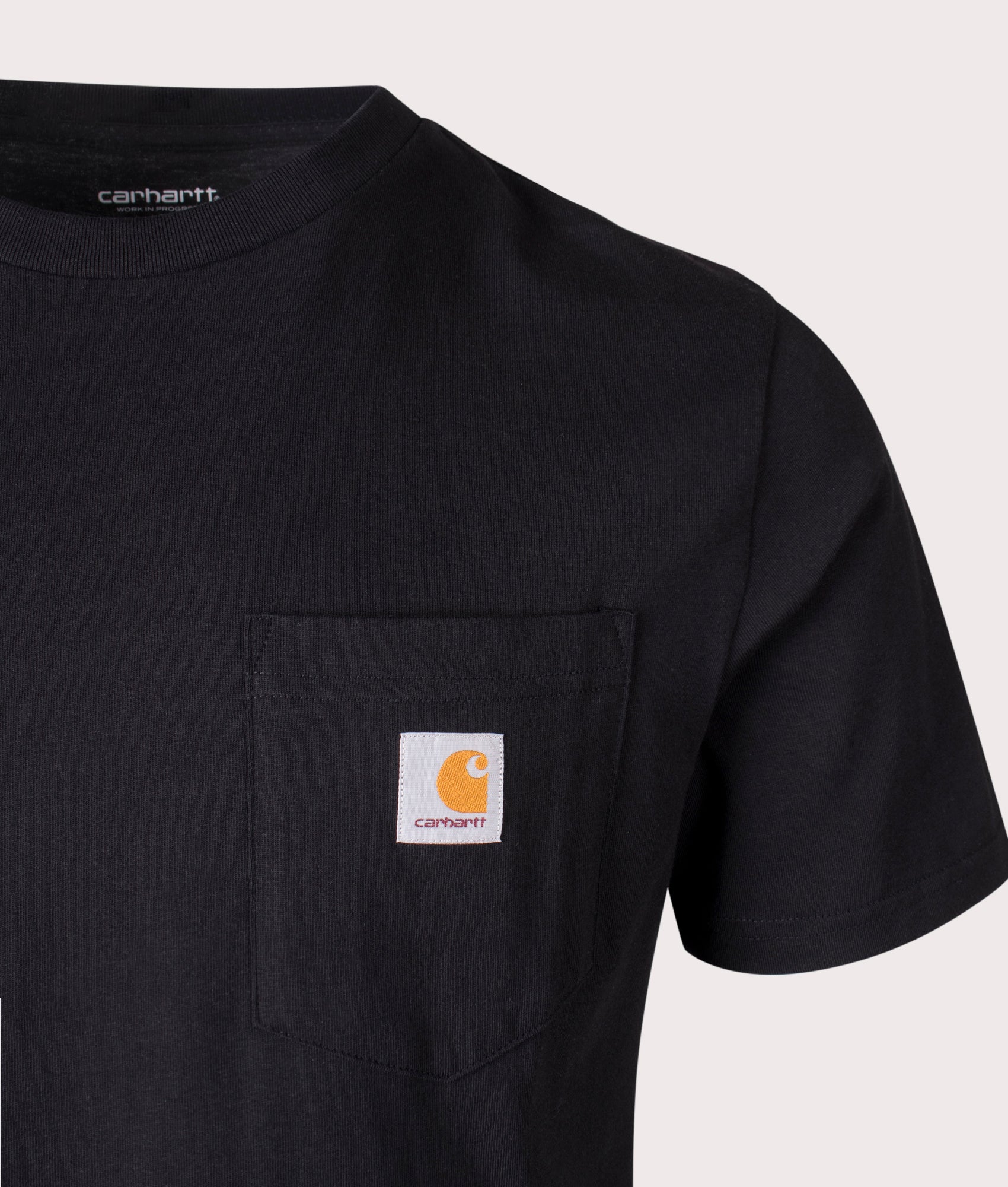 Carhartt WIP Pocket T-Shirt in Black at EQVVS Menswear. Detail Shot.