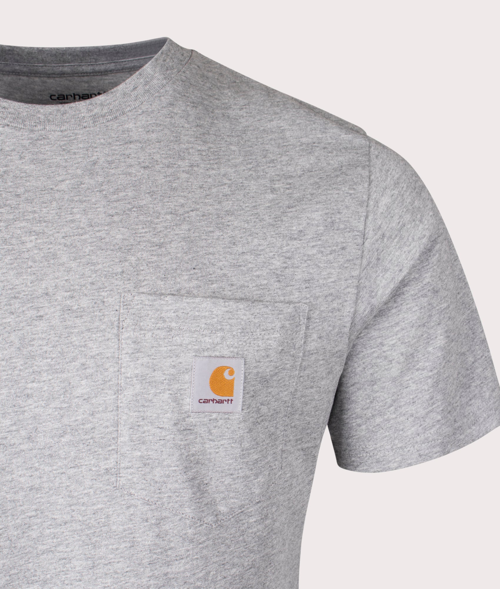 Carhartt WIP Pocket T-Shirt in Grey Heather. detail angle shot at EQVVS.