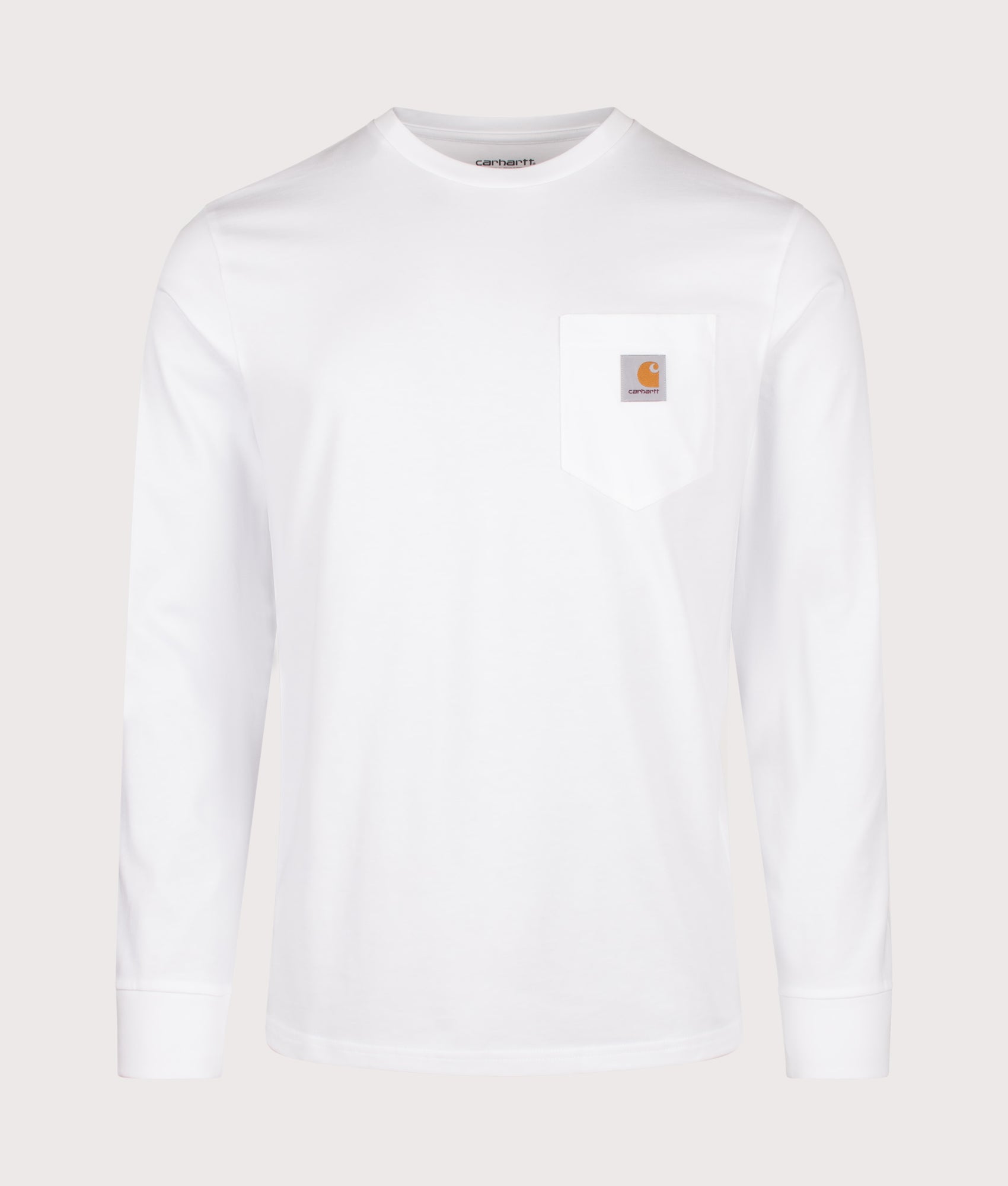 Carhartt WIP Regular Fit Long Sleeve Pocket T-Shirt in White at EQVVS Menswear. Front shot.