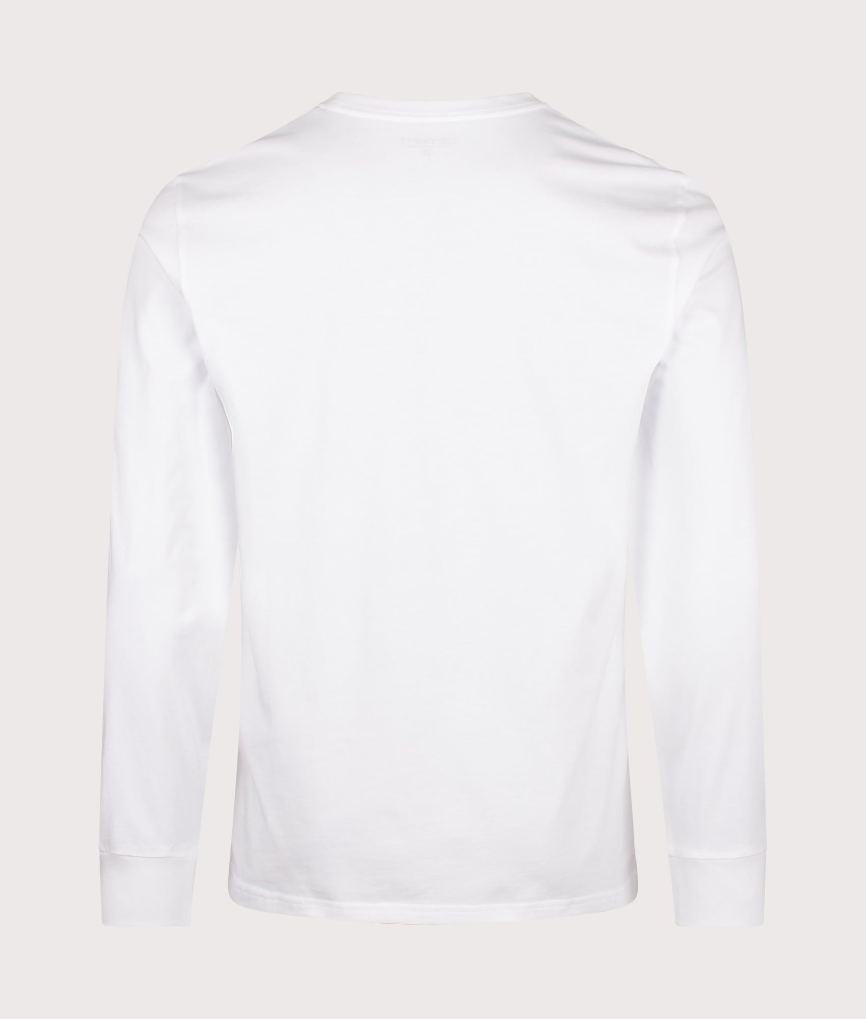 Carhartt WIP Regular Fit Long Sleeve Pocket T-Shirt in White at EQVVS Menswear. Back shot.