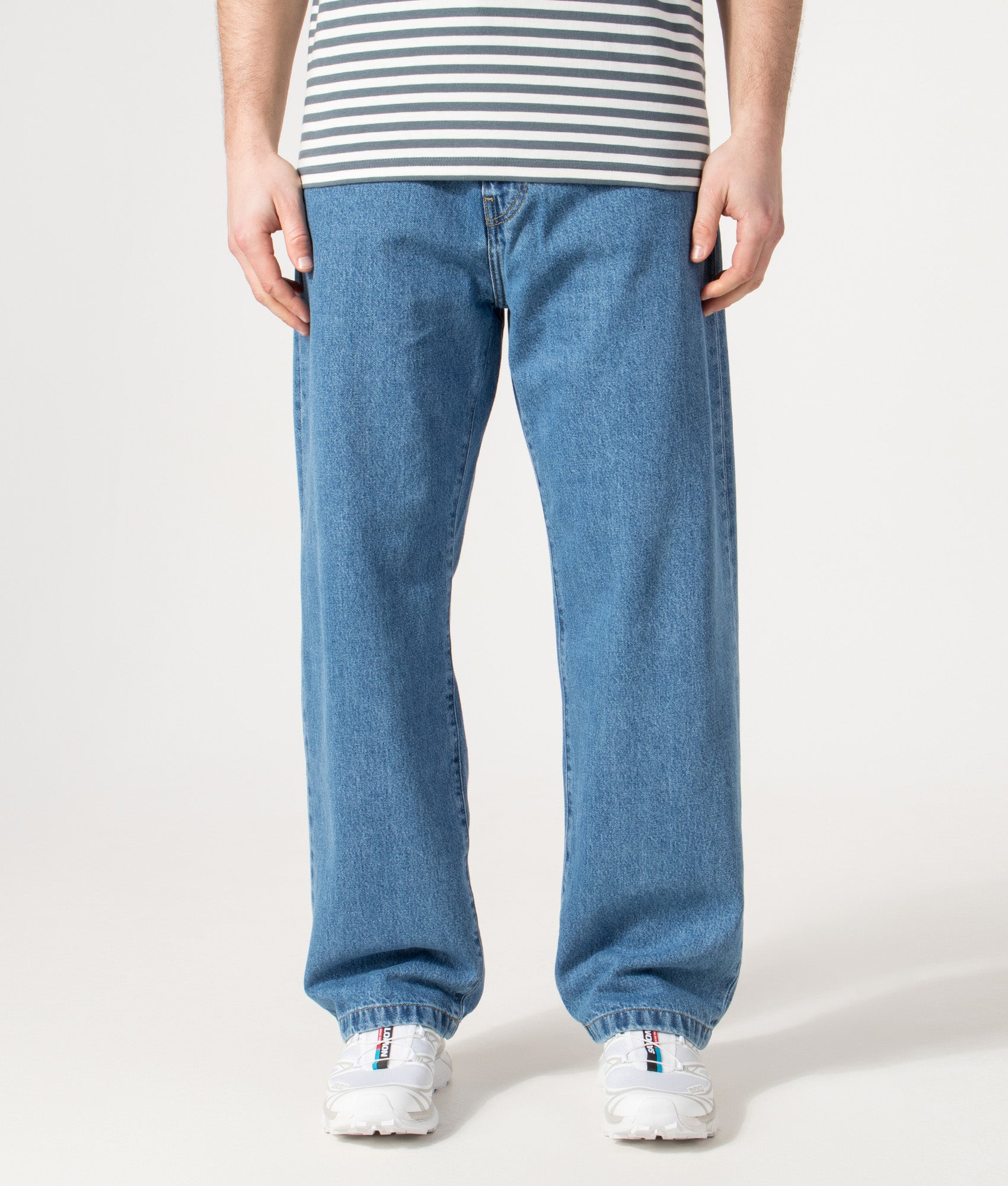 Carhartt WIP Relaxed Fit Landon Jeans in Blue at EQVVS Menswear. Model front shot.