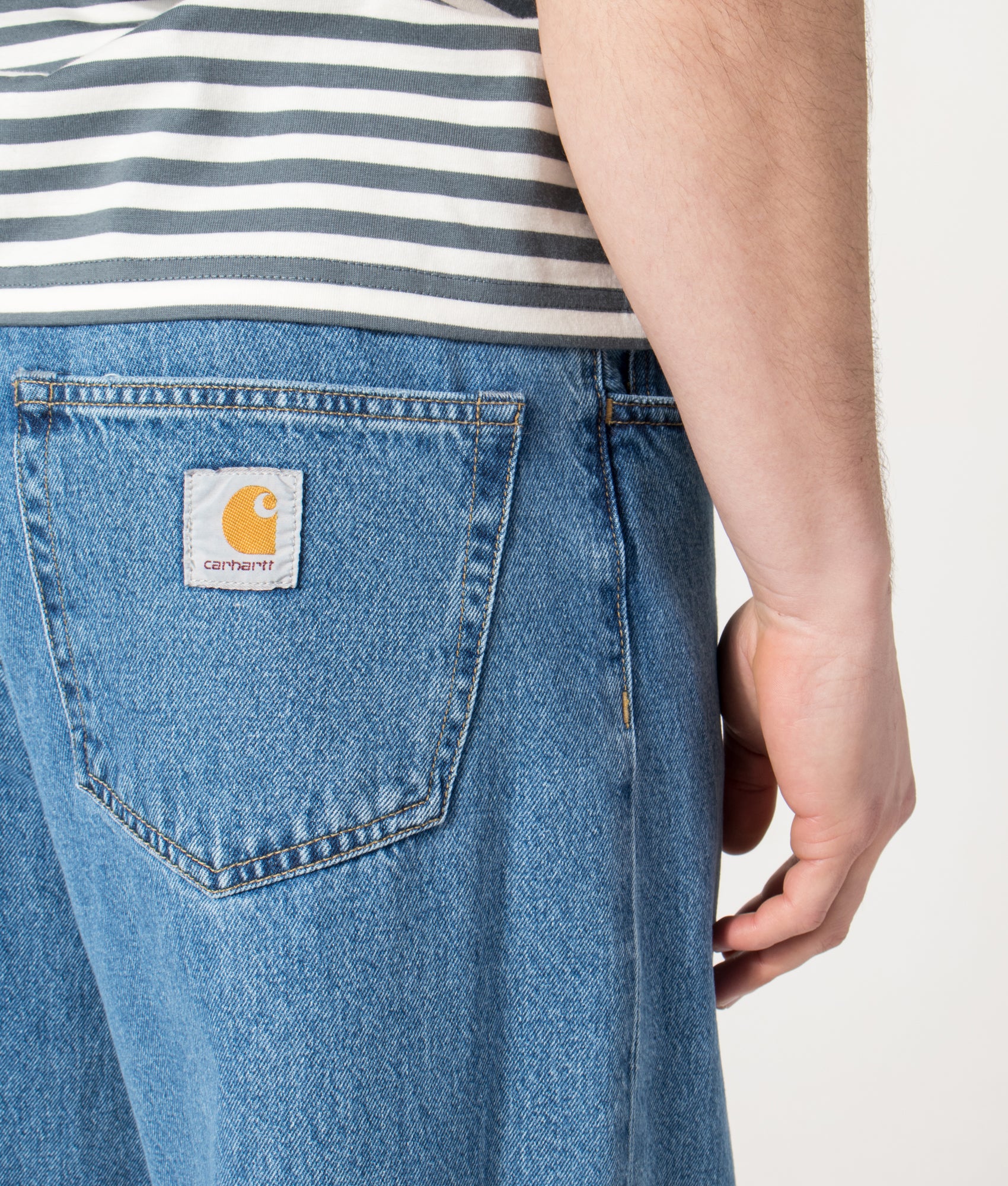 Carhartt WIP Relaxed Fit Landon Jeans in Blue at EQVVS Menswear. Detail shot.