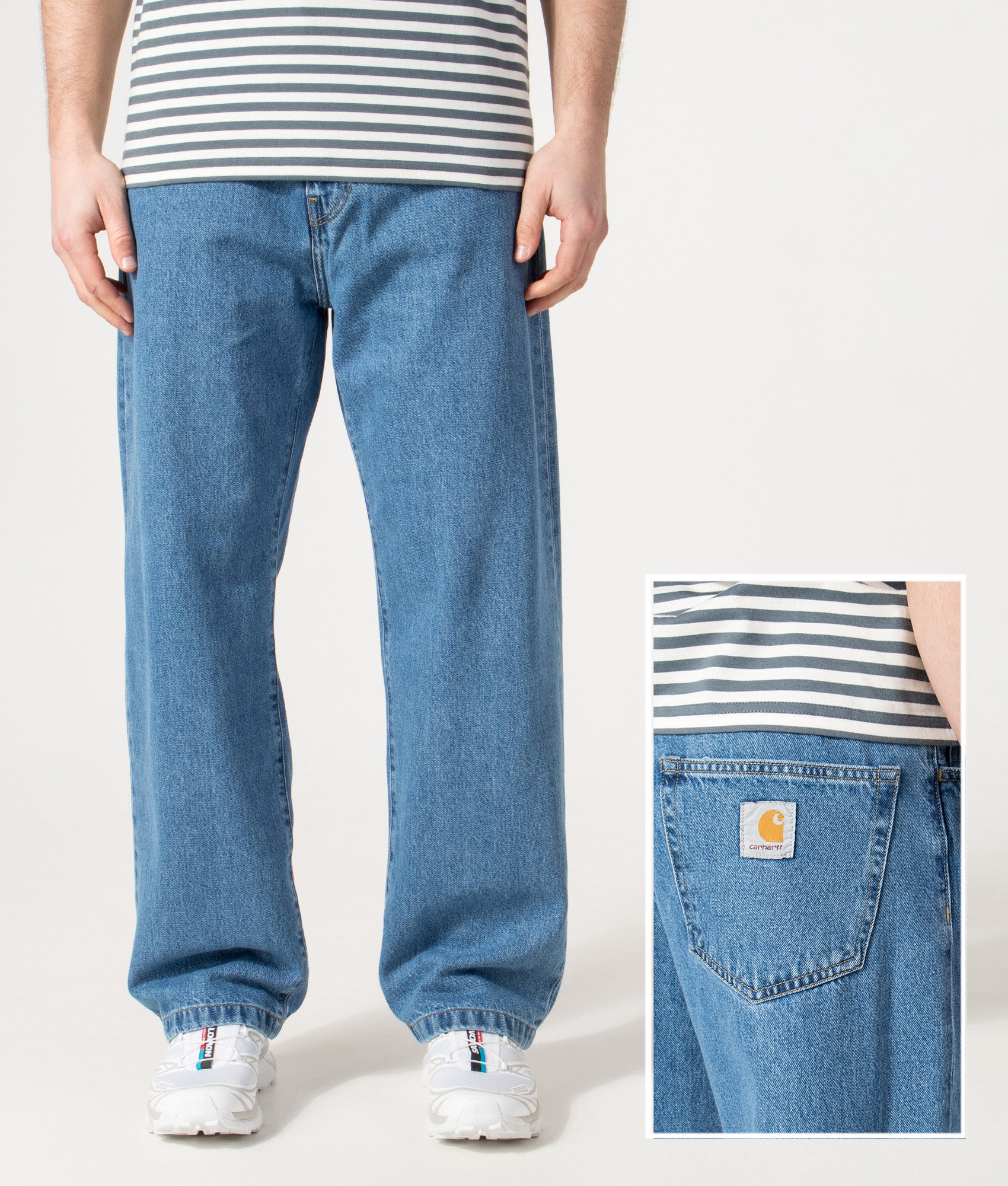 Carhartt WIP Relaxed Fit Landon Jeans in Blue at EQVVS Menswear. Front and detail shot.