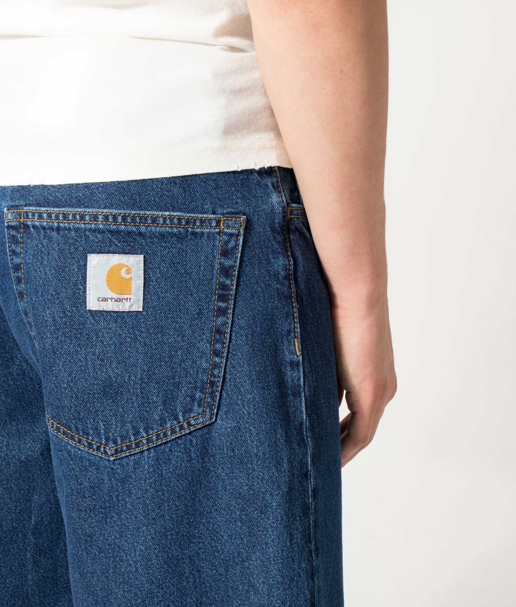 Carhartt WIP Loose Fit Landon Denim Shorts in Blue at EQVVS Menswear. Detail shot.