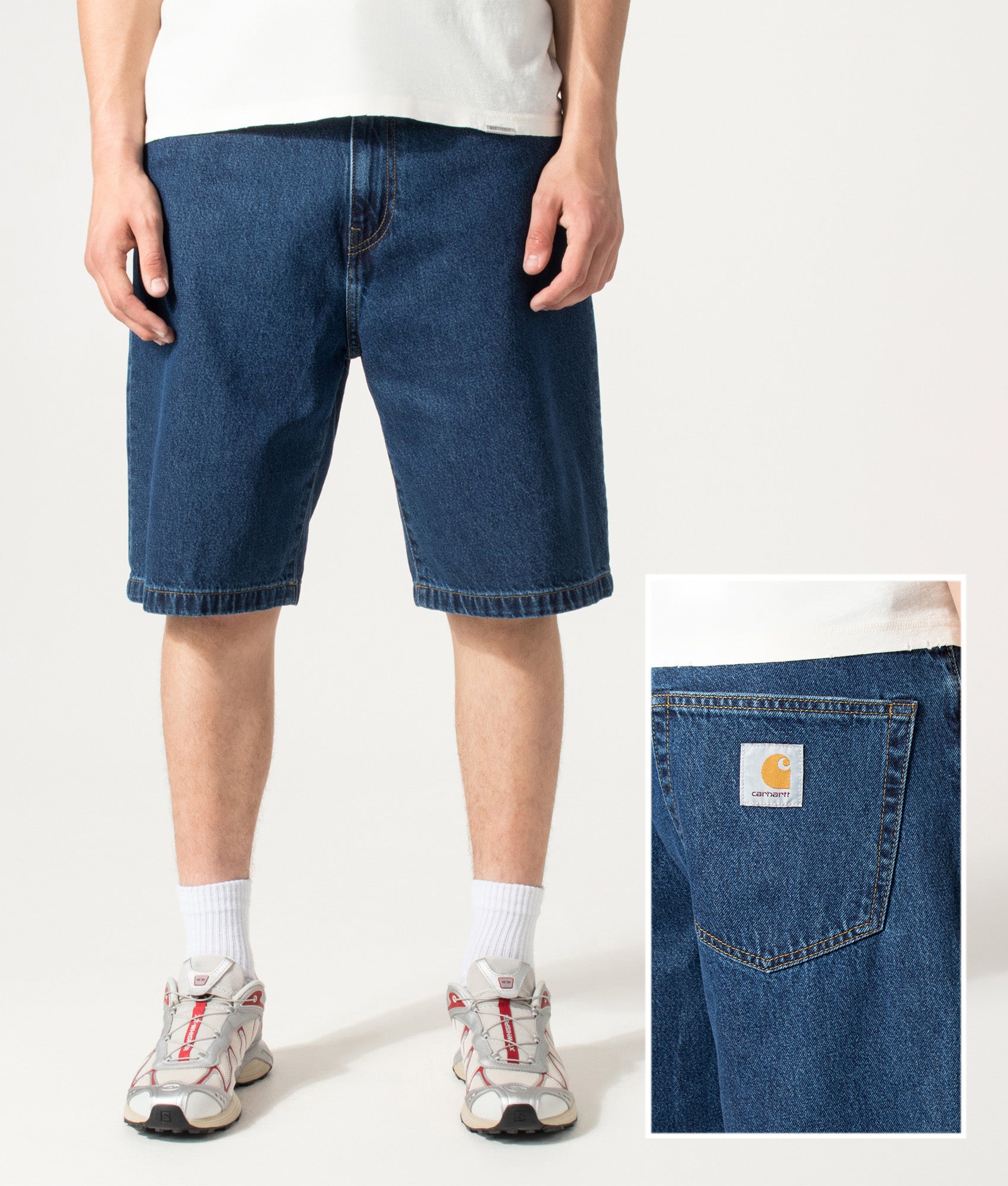 Carhartt WIP Loose Fit Landon Denim Shorts in Blue at EQVVS Menswear. Model front and back shot.