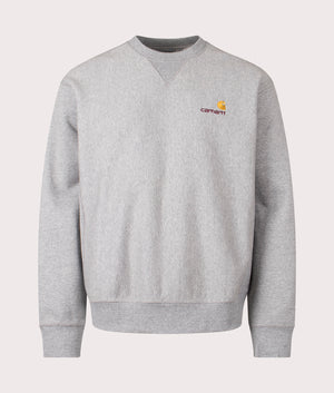 Relaxed Fit American Script Sweatshirt by Carhartt WIP in Grey Heather. Shot by EQVVS. Front shot.