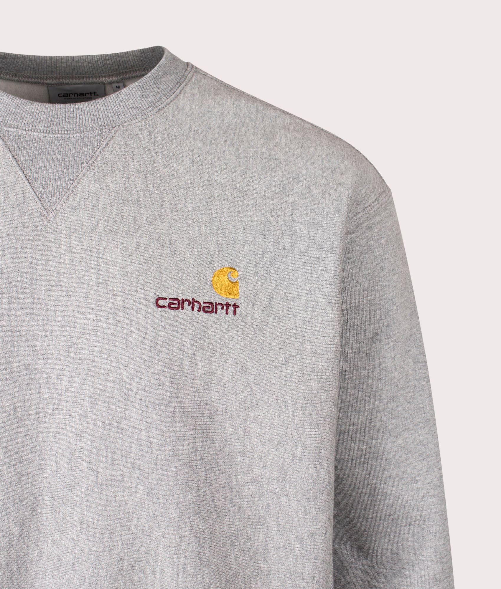Relaxed Fit American Script Sweatshirt by Carhartt WIP in Grey Heather. Shot by EQVVS. Detail shot.