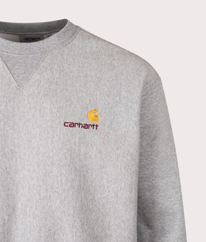 Relaxed Fit American Script Sweatshirt by Carhartt WIP in Grey Heather. Shot by EQVVS. Detail shot.