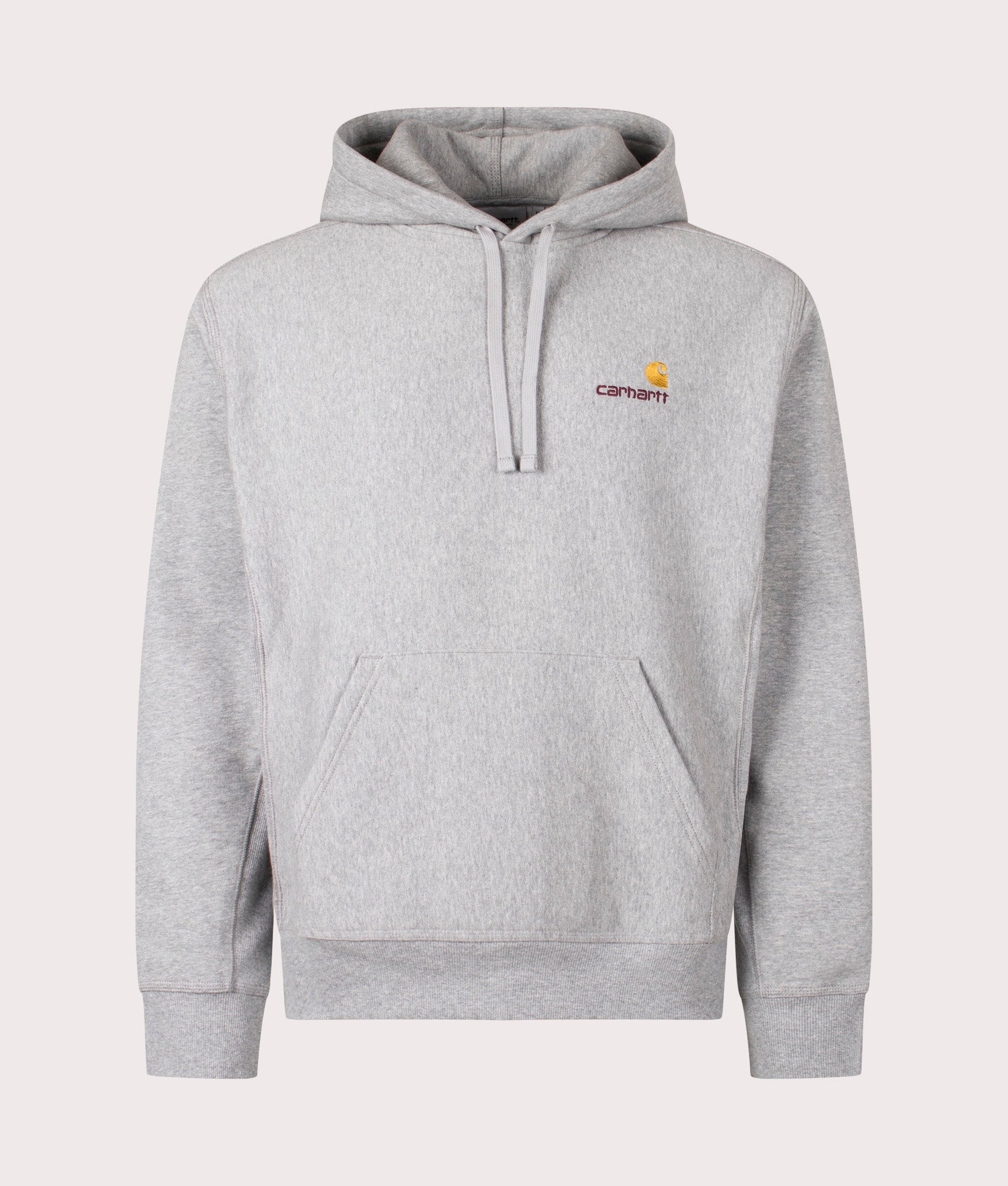 Relaxed Fit American Script Hoodie by Carhartt WIP in Heather Grey. Shot by EQVVS. Front shot.