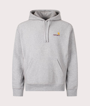 Relaxed Fit American Script Hoodie by Carhartt WIP in Heather Grey. Shot by EQVVS. Front shot.