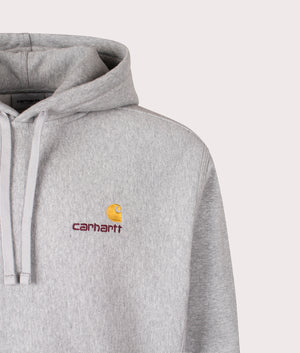 Relaxed Fit American Script Hoodie by Carhartt WIP in Heather Grey. Shot by EQVVS. Detail shot.