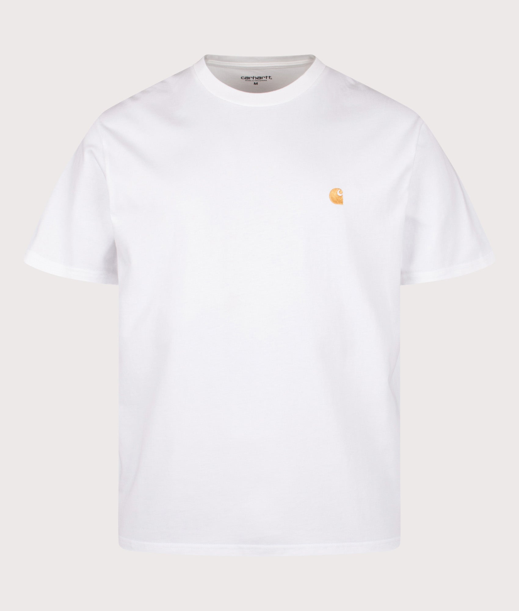 Carhartt WIP Loose Fit Chase T-Shirt in White/Gold at EQVVS Menswear. Front shot.