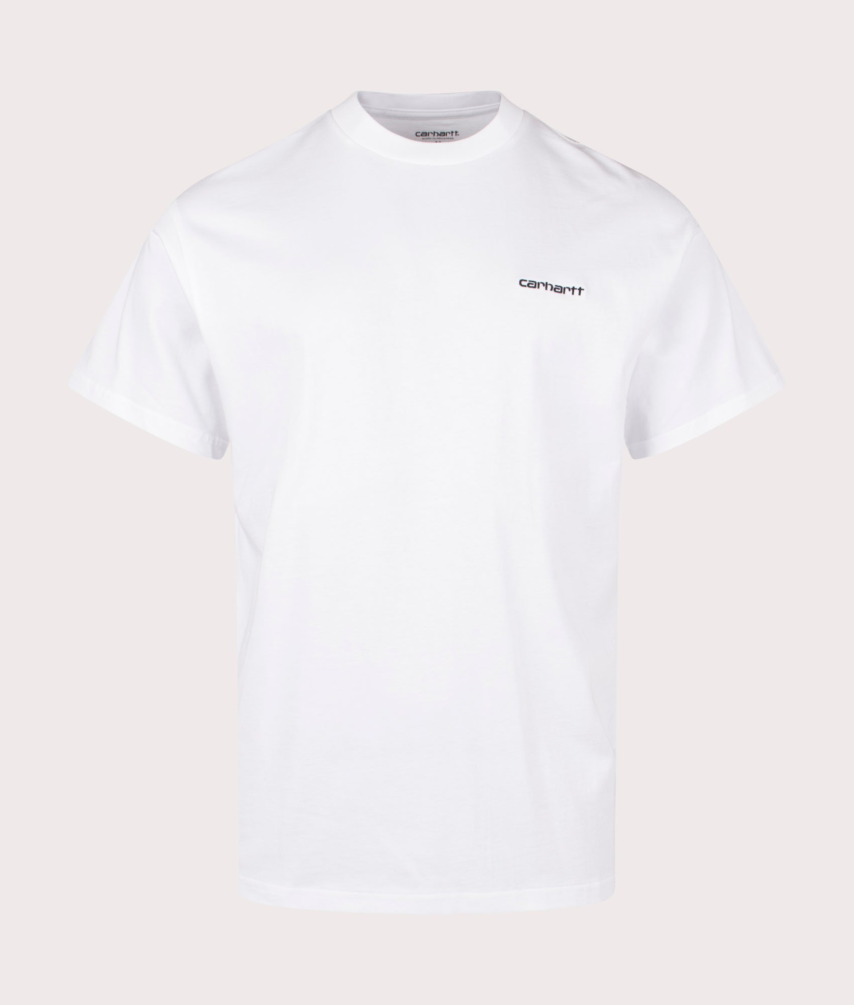 Carhartt WIP Relaxed Fit Script Embroidery T-Shirt in White and Black at EQVVS Menswear. Front shot.