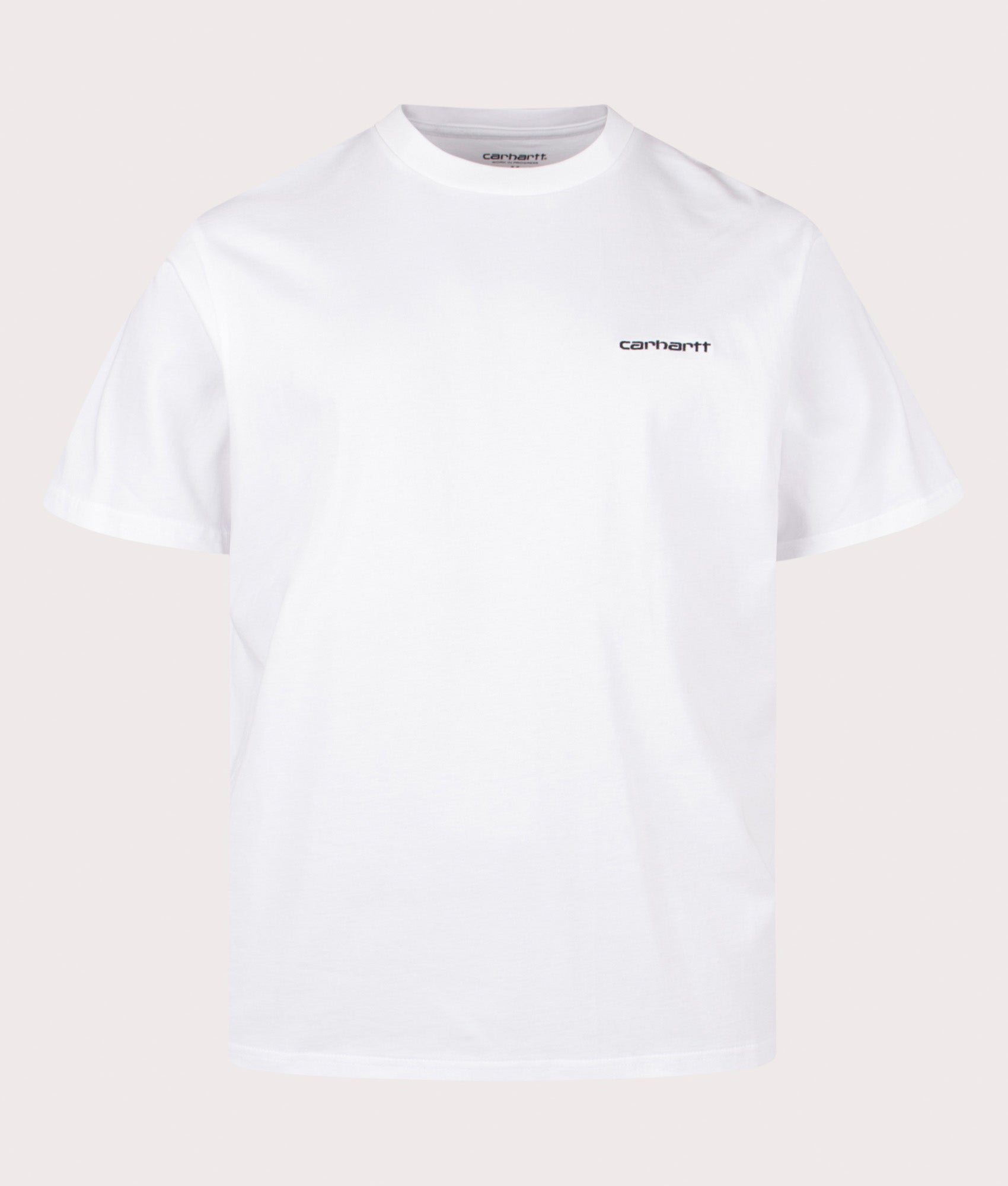 Carhartt WIP Loose Fit Script Embroidery T-Shirt in White and Black at EQVVS Menswear. Front shot.
