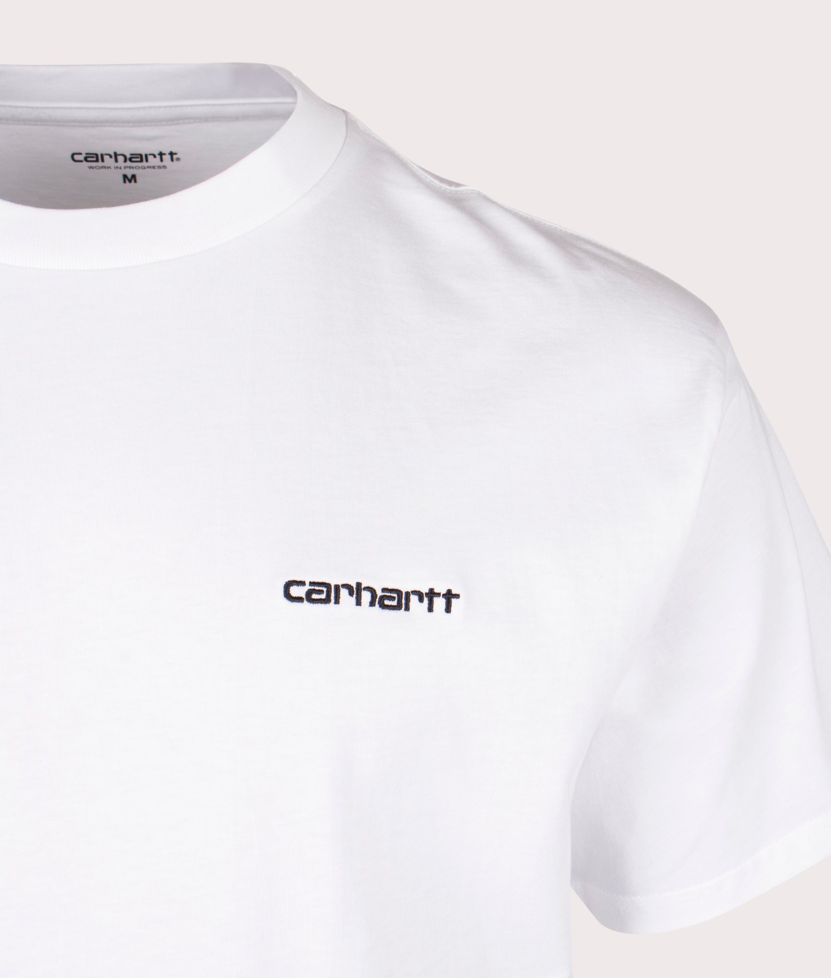 Carhartt WIP Loose Fit Script Embroidery T-Shirt in White and Black at EQVVS Menswear. Detail shot.